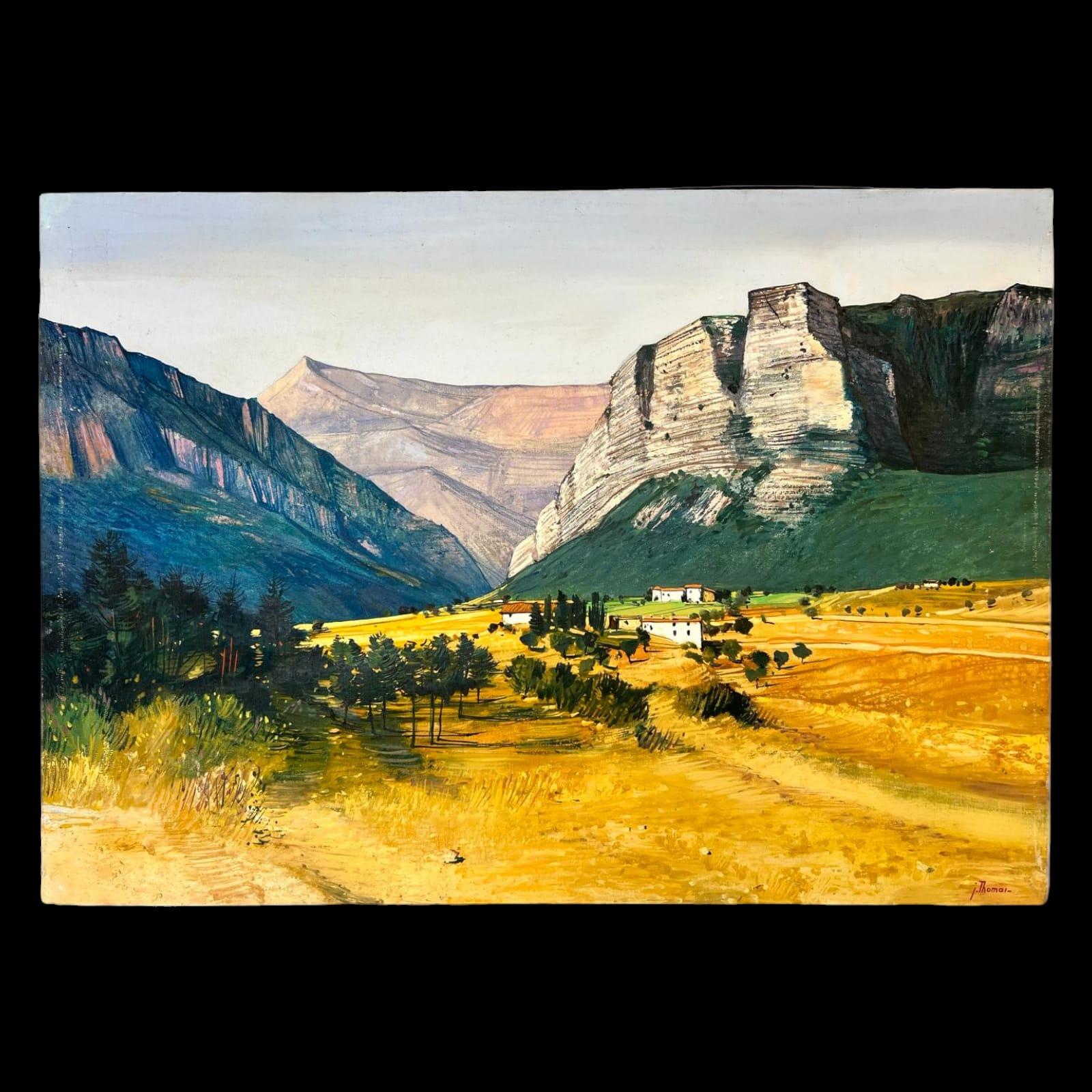 20ième siècle Peinture à l'huile de Jean Thomas (1923-2019) 'Arrivée au village de Soleils' en vente
