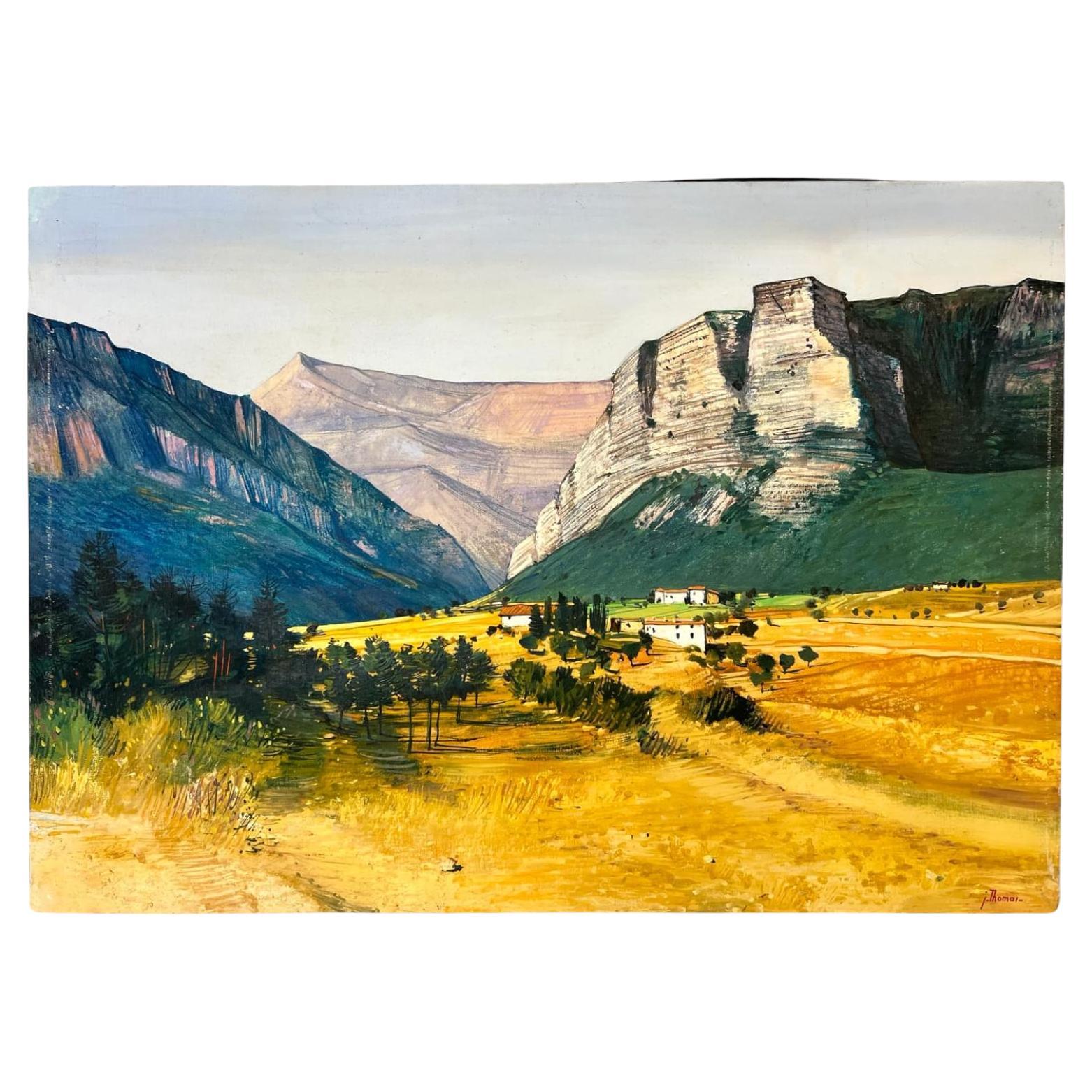 Peinture à l'huile de Jean Thomas (1923-2019) 'Arrivée au village de Soleils' en vente