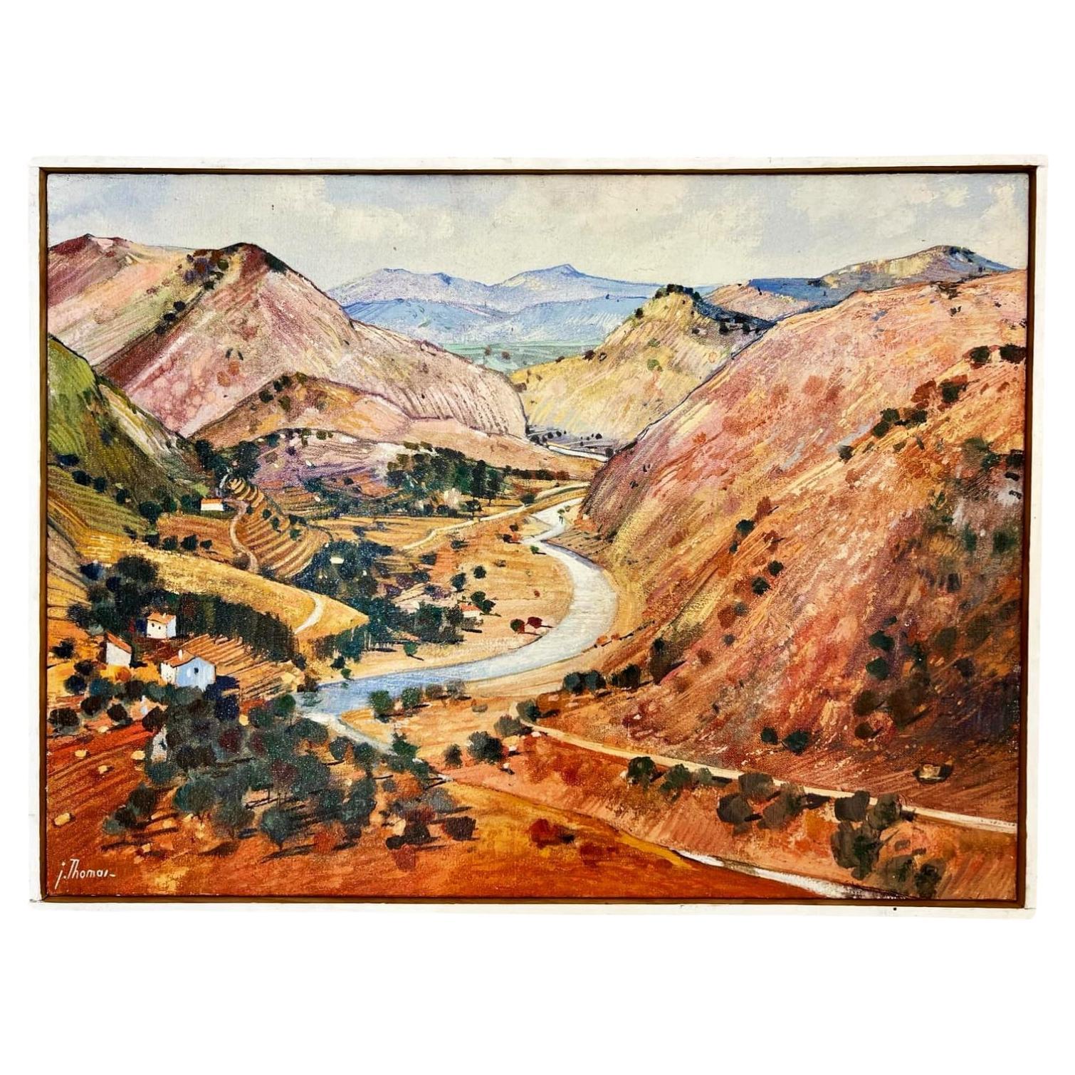 Peinture à l'huile de Jean Thomas (1923-2019) 'La vallée du Paillon vue de Peillon'.