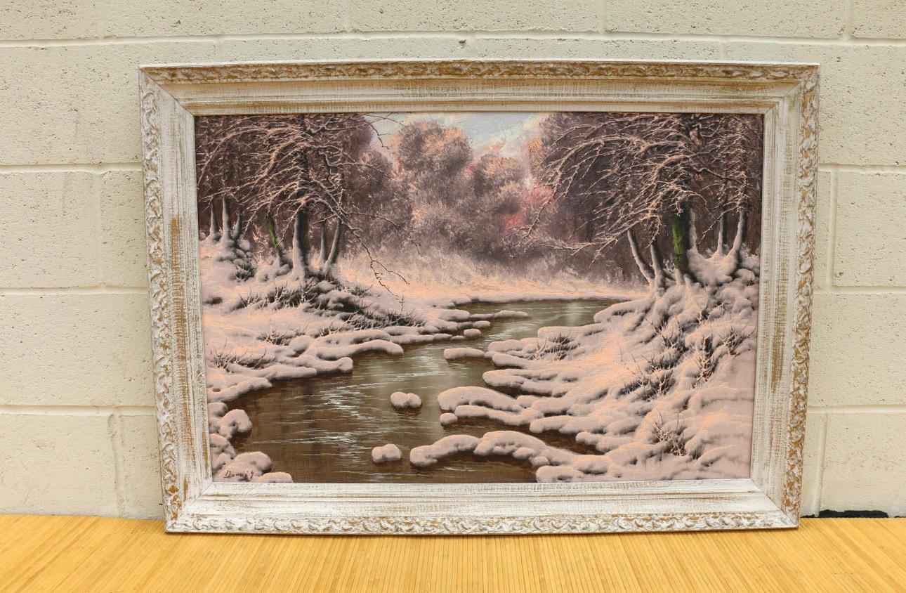 Beautiful vintage oil painting from the 1960’s, by Joseph Dande, it has double sign in front and also in the back, you can see it in the photos. This is a spectacular painting call it “Snowy Banks of the River”. The painting is in good condition. It