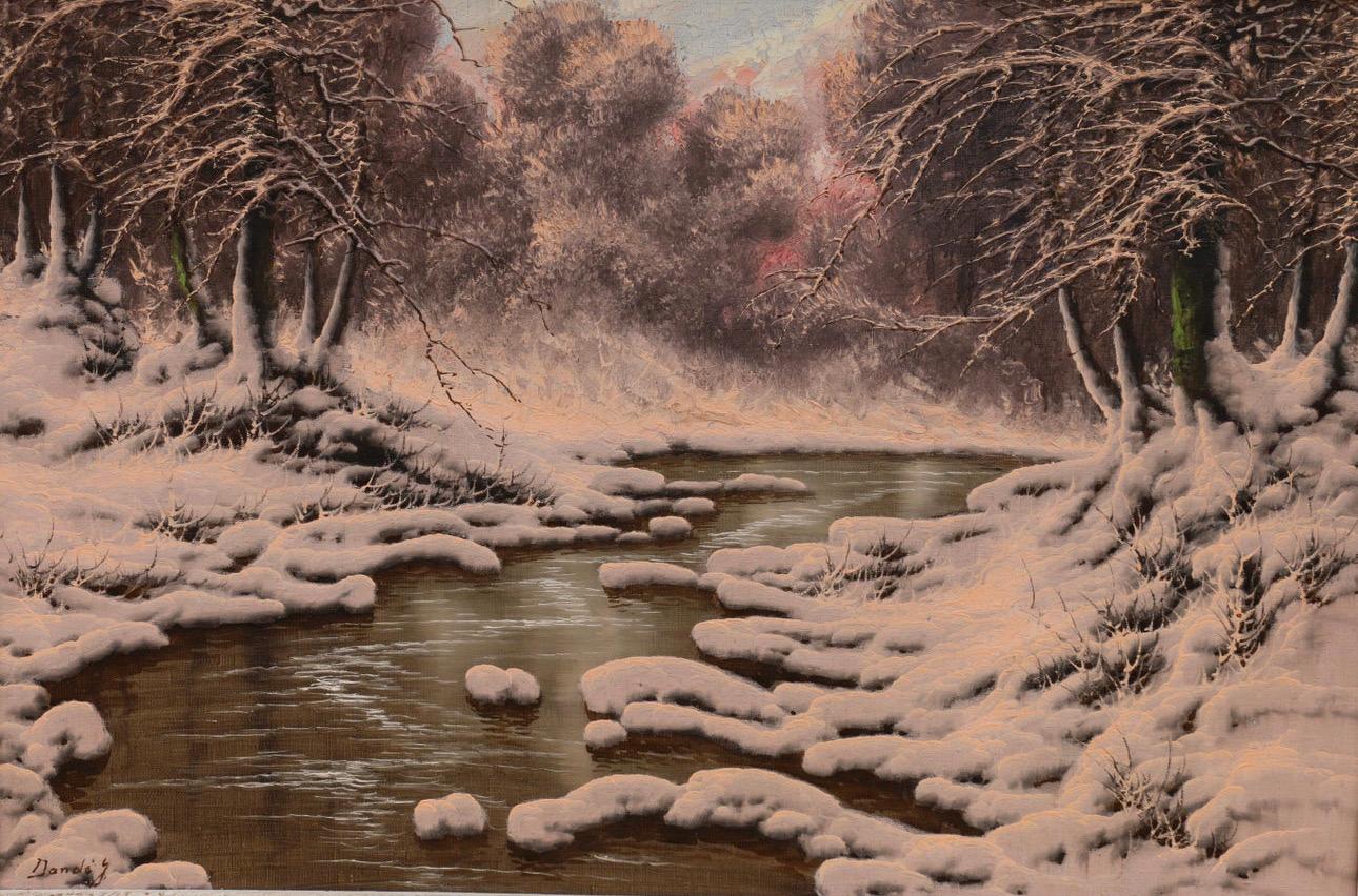 Hungarian Oil Painting by Joseph Dande “Snowy Banks of the River” For Sale