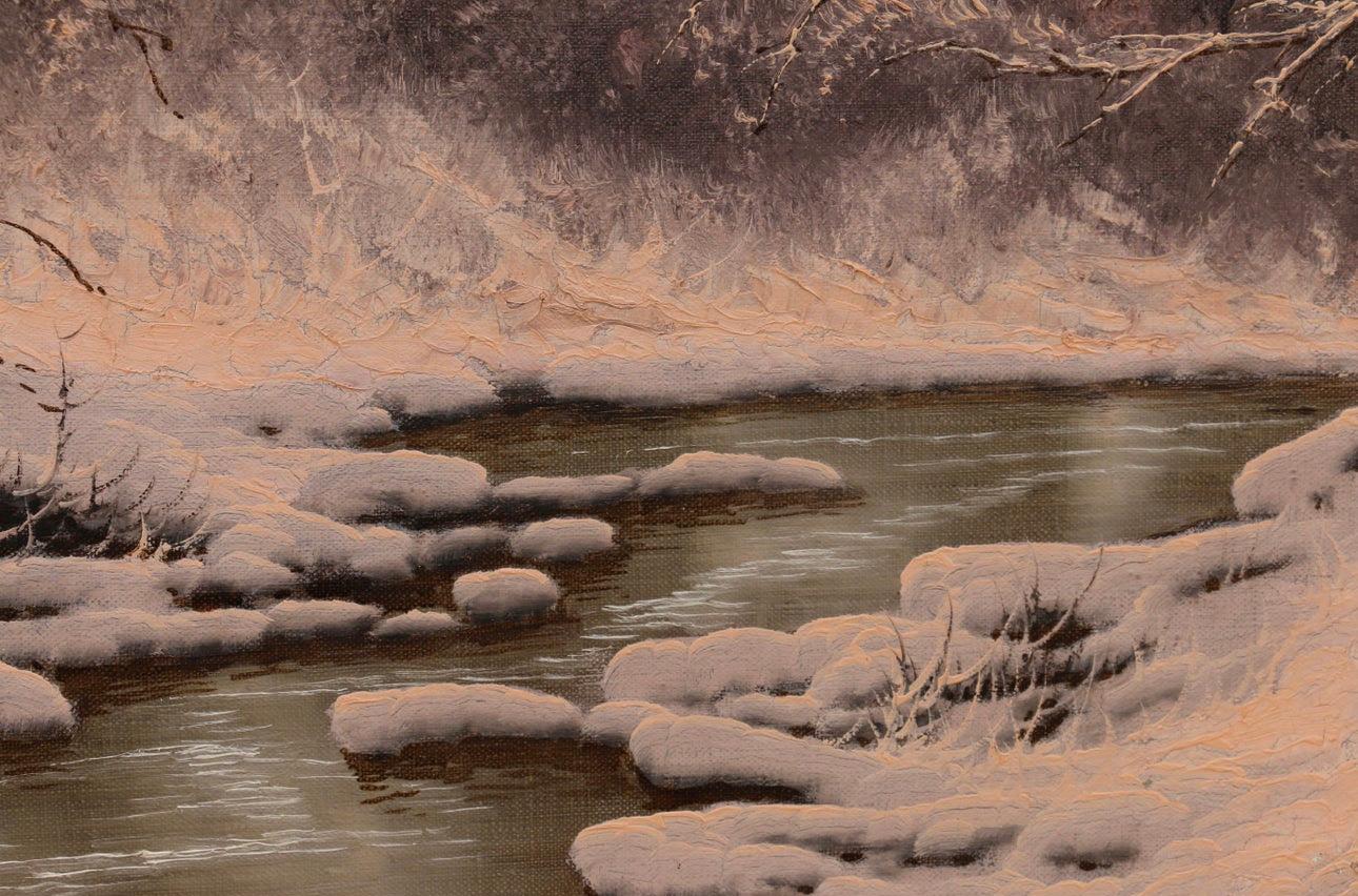 Milieu du XXe siècle Peinture à l'huile de Joseph Dande - Banques neigeuses de la rivière en vente