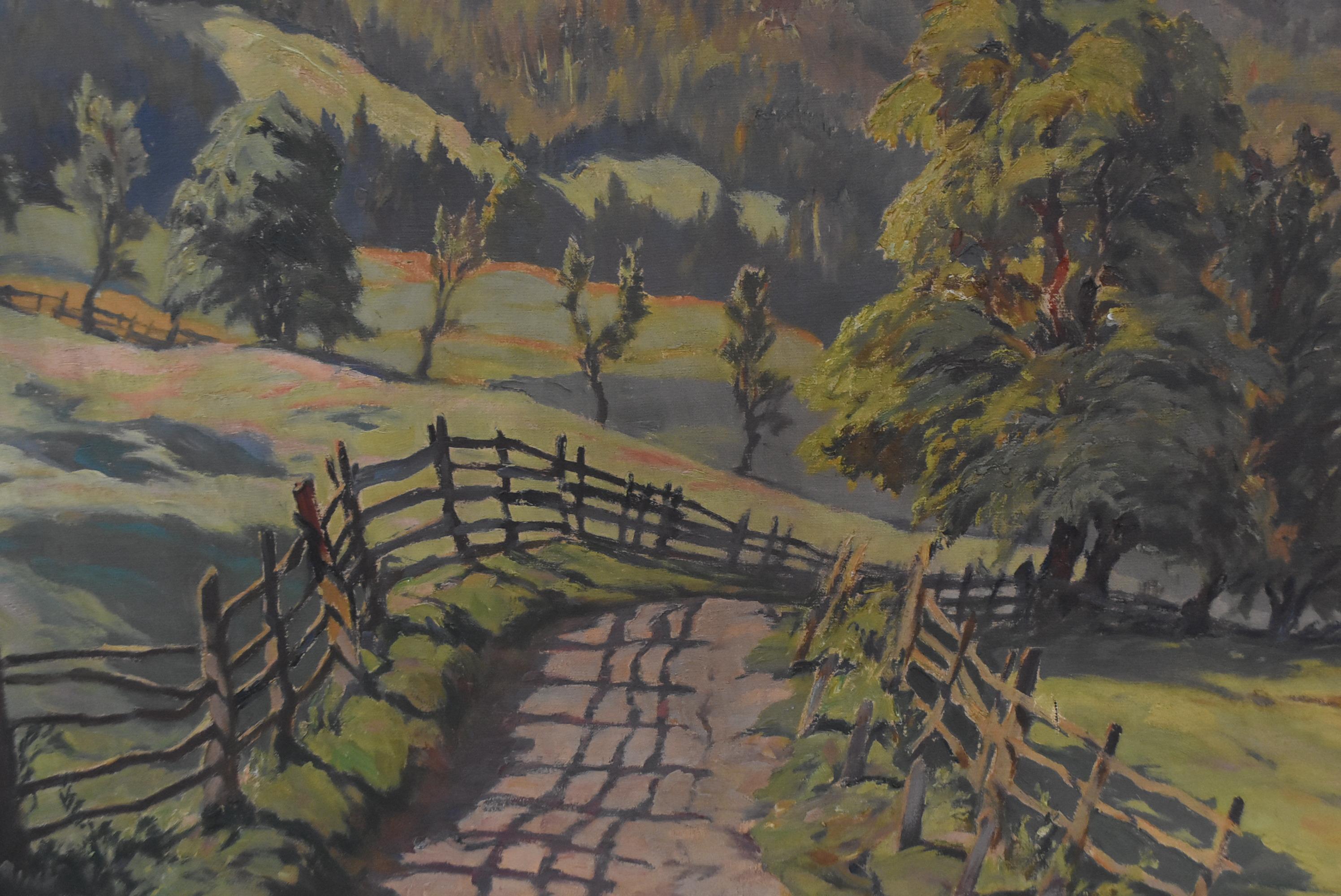 Arts and Crafts Peinture à l'huile de Leopold Beran Mountain Range Landscape Newcomb Macklin Frame en vente