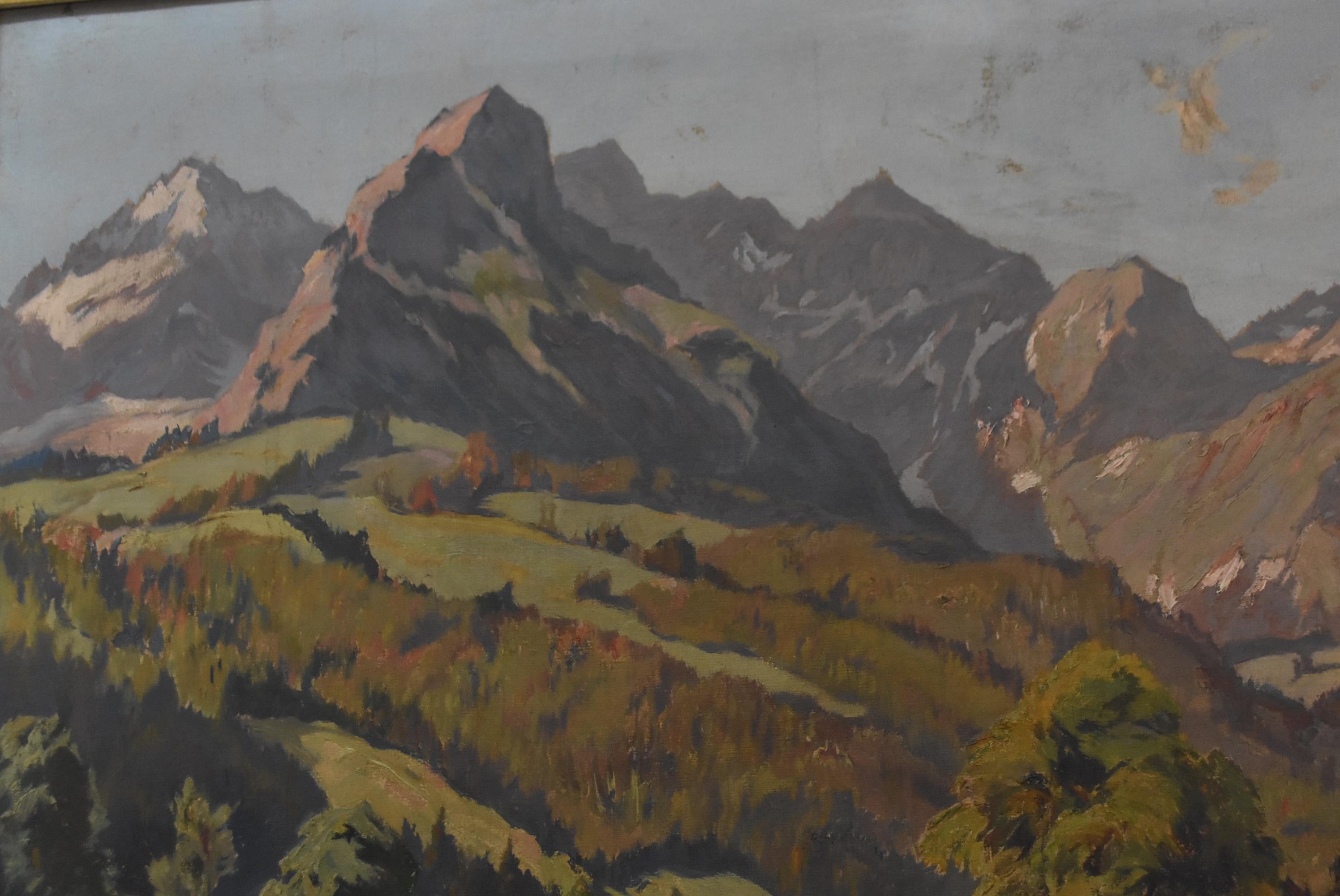 Oil Painting by Leopold Beran Mountain Range Landscape Newcomb Macklin Frame In Fair Condition For Sale In Toledo, OH