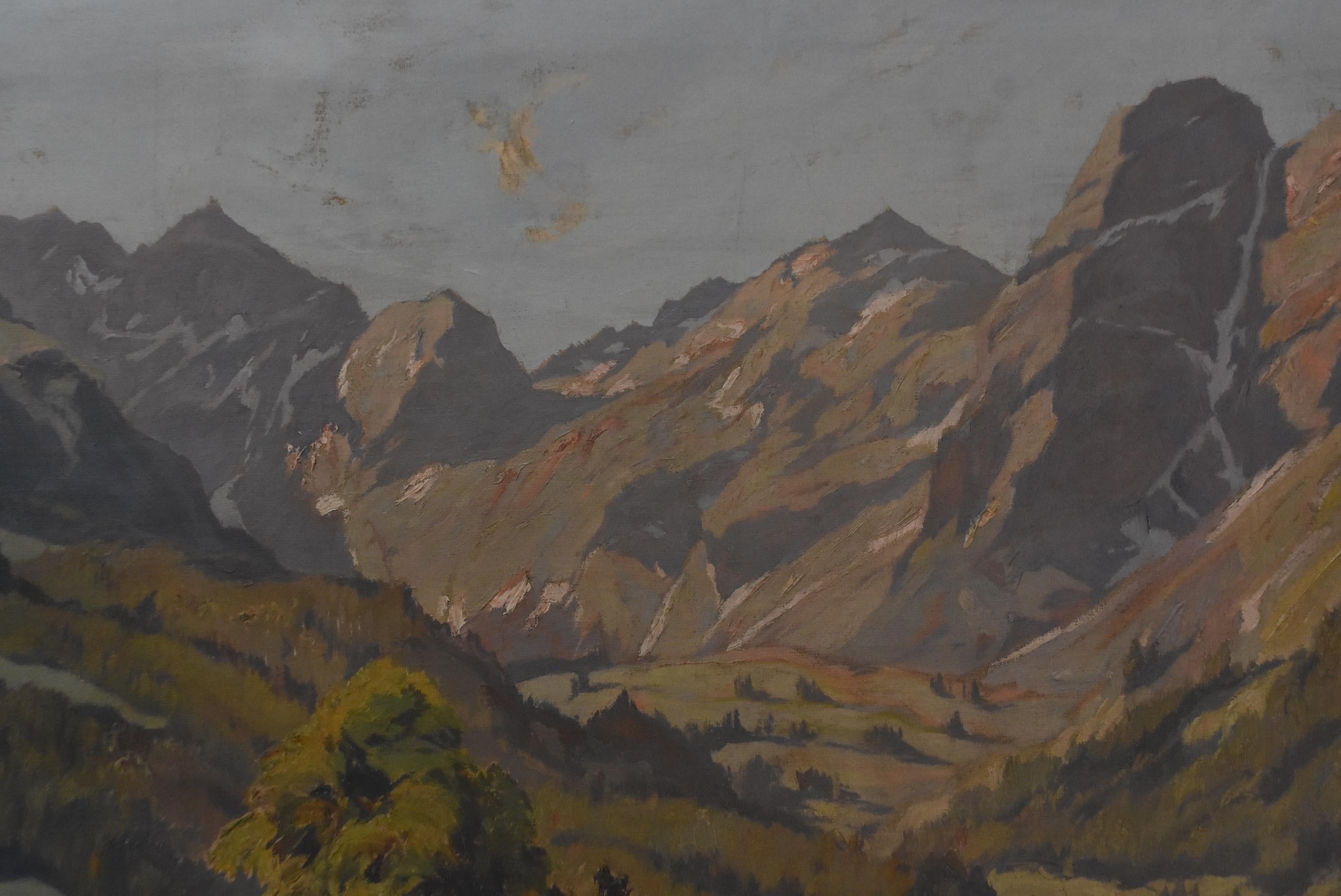 20ième siècle Peinture à l'huile de Leopold Beran Mountain Range Landscape Newcomb Macklin Frame en vente