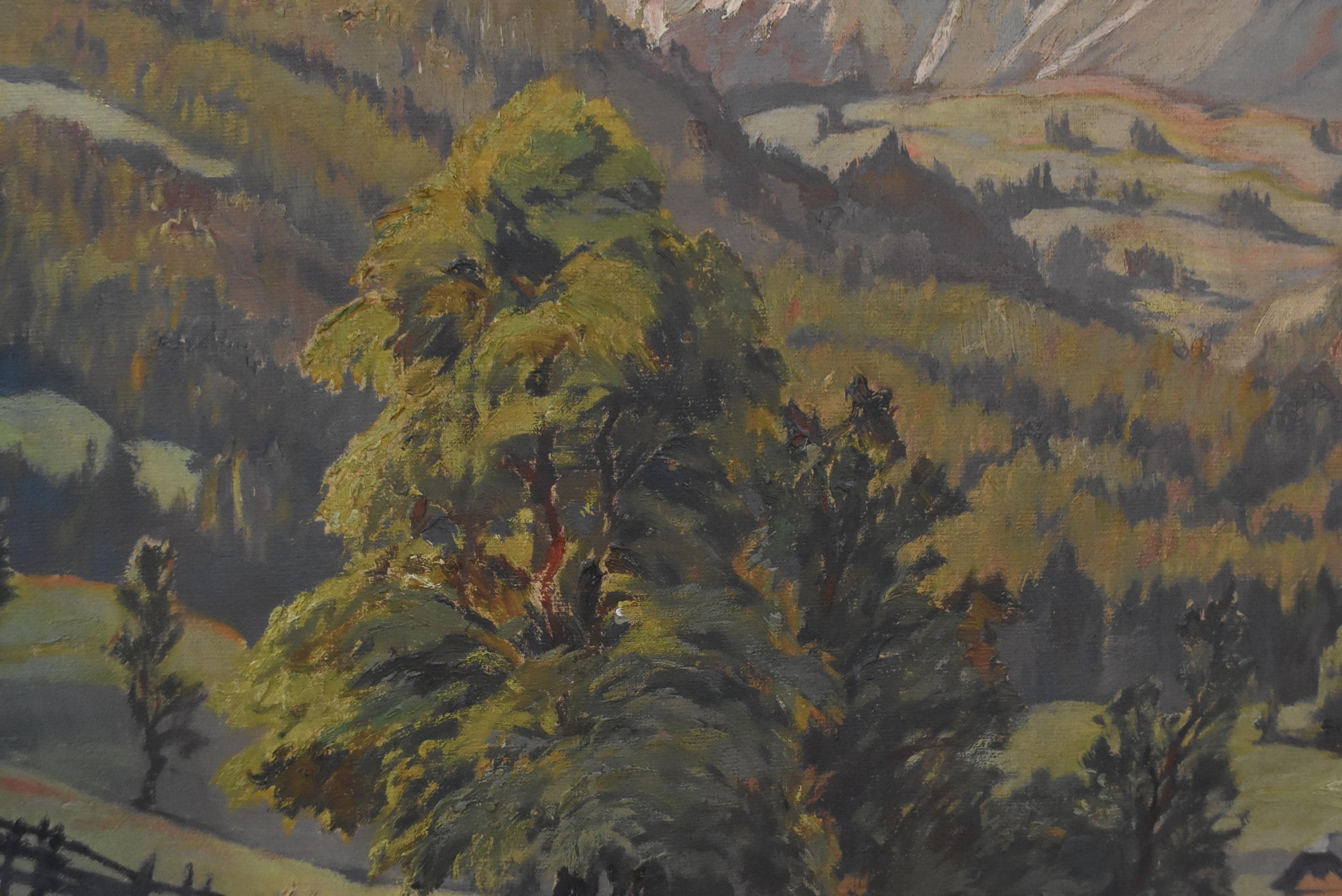 Peinture à l'huile de Leopold Beran Mountain Range Landscape Newcomb Macklin Frame en vente 1