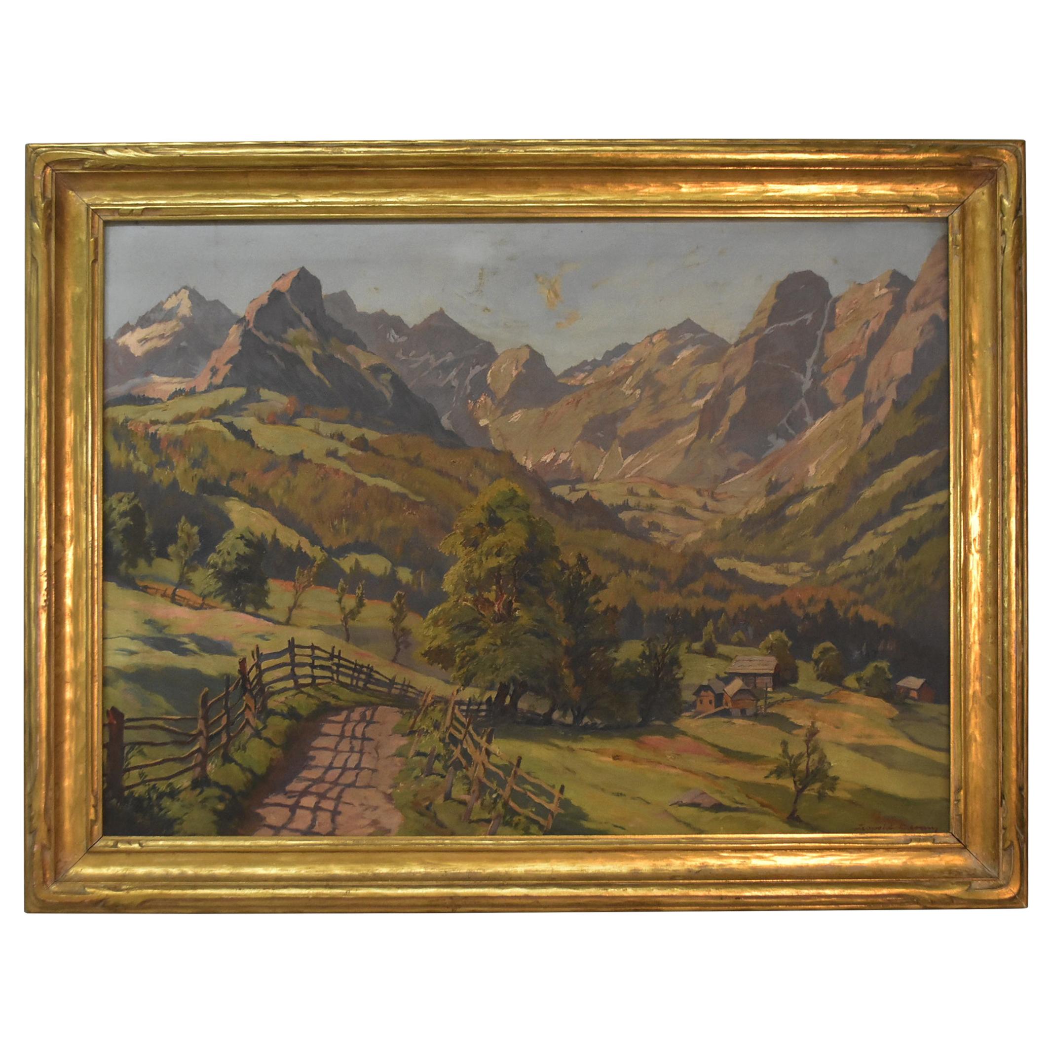 Peinture à l'huile de Leopold Beran Mountain Range Landscape Newcomb Macklin Frame en vente