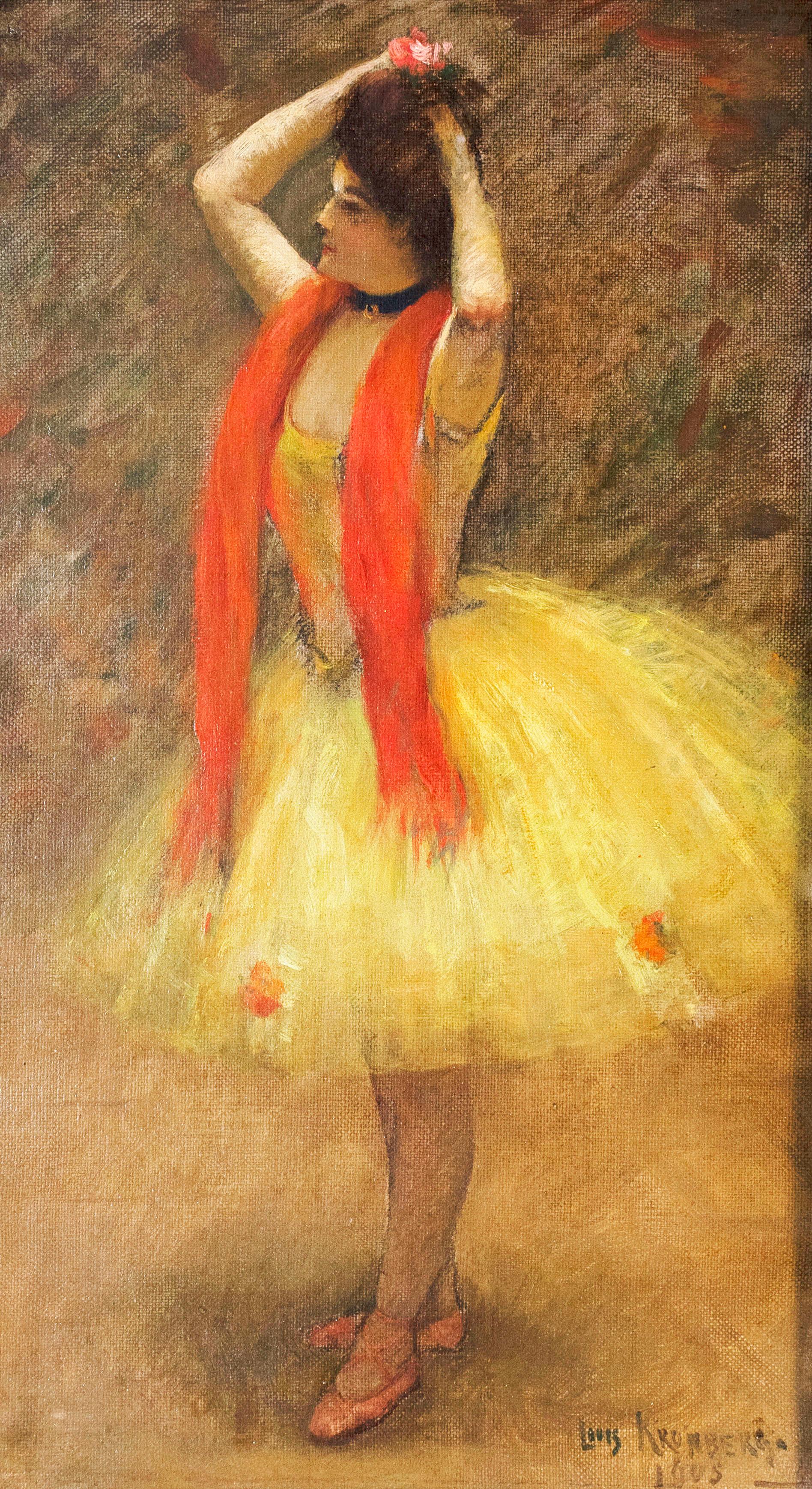 Óleo/Pastel sobre lienzo de Louis Kronberg, Bailarina en amarillo, estadounidense, firmado y fechado circa 1905.  
Procedencia: Procedente de una finca del sur de California
Pintor:  Louis Kronberg, a menudo conocido como 