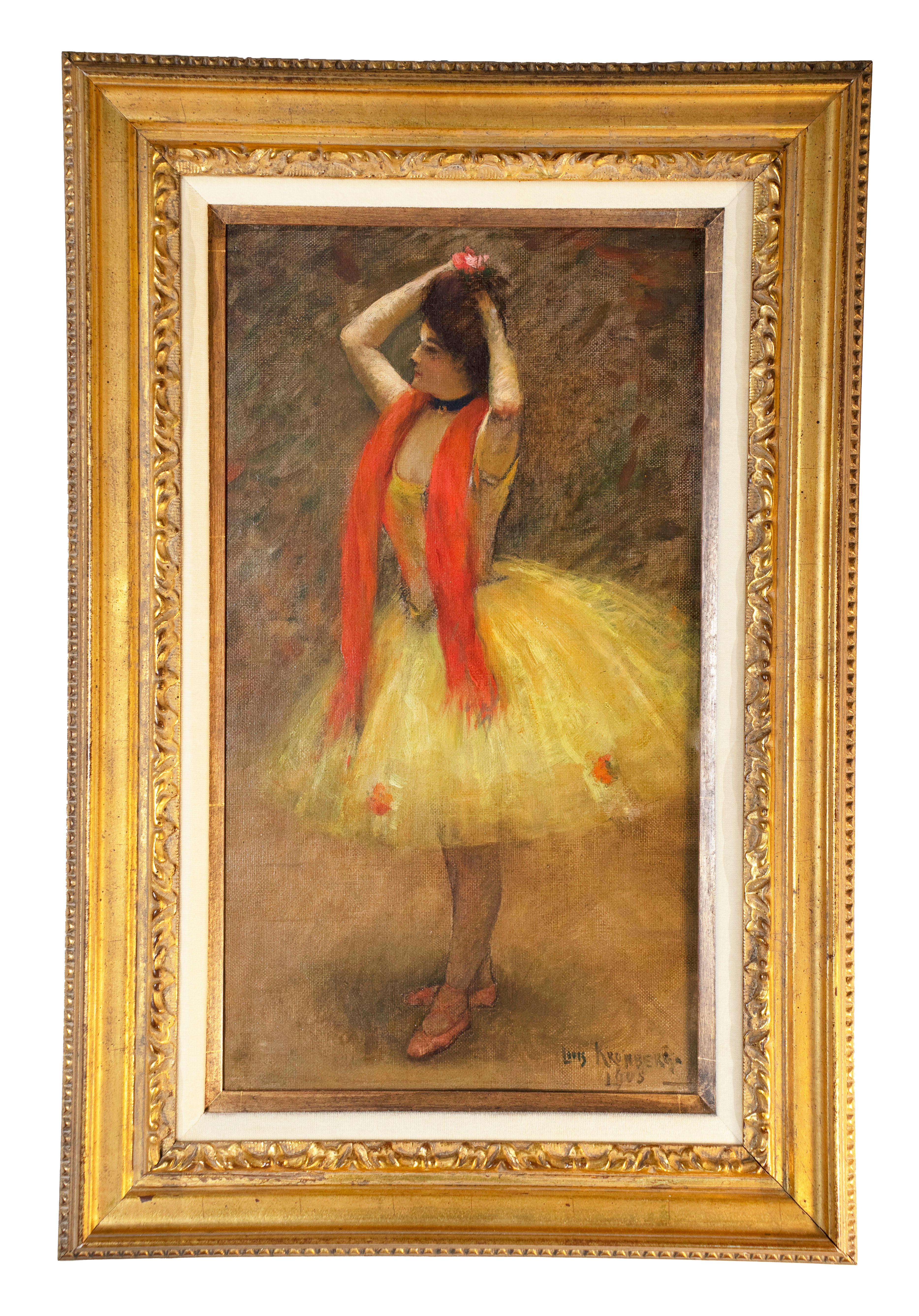 Pintura al óleo de Louis Kronberg, estadounidense (1872-1965) Bailarina de ballet en amarillo Estadounidense en venta