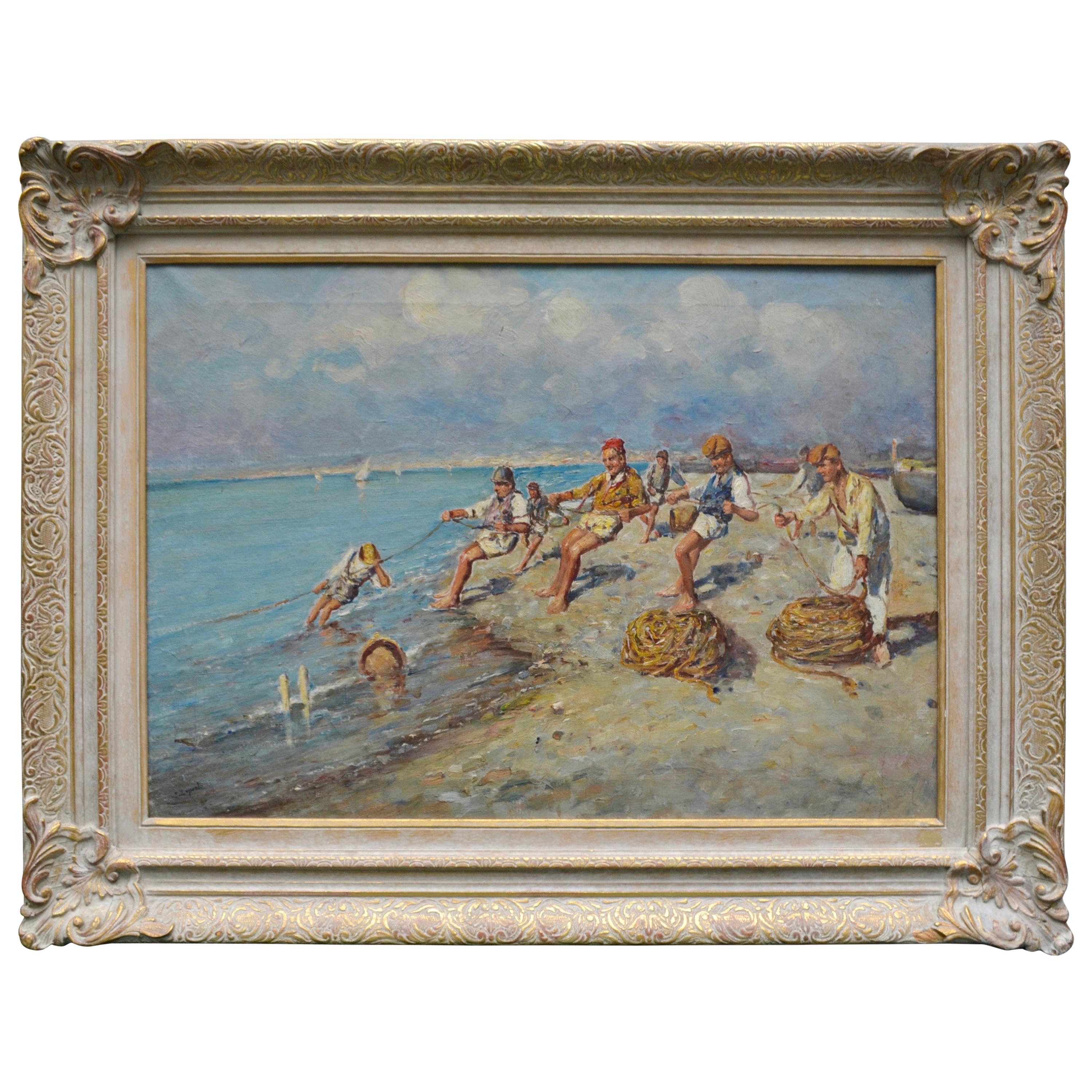 Oil Painting by Maltese Artist Vincenzo D’Esposito “Pulling Up the Nets”