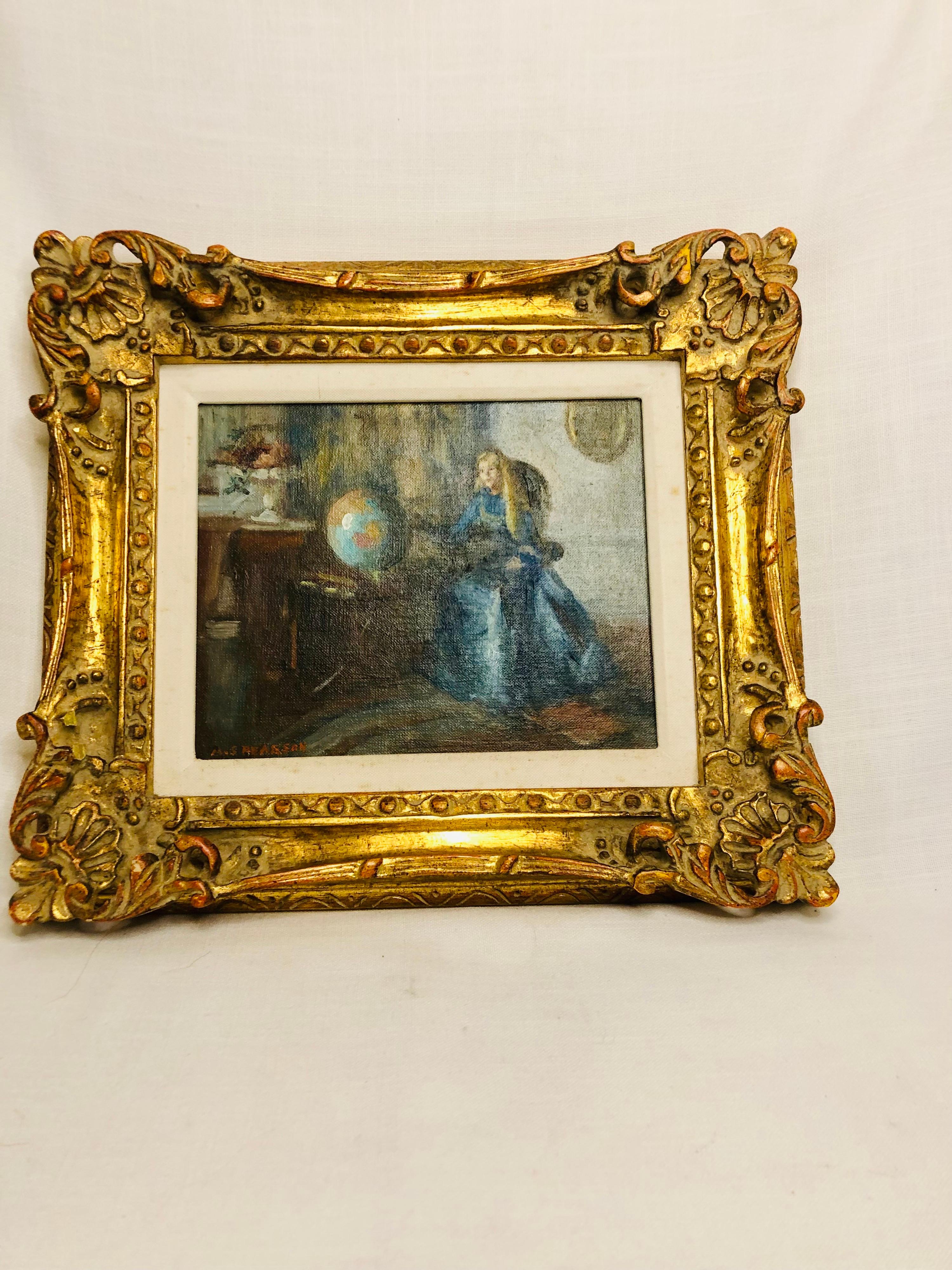 Victorien Peinture à l'huile de Marguerite Stuber Pearson « Lady Sitting at a Table With a Globe »