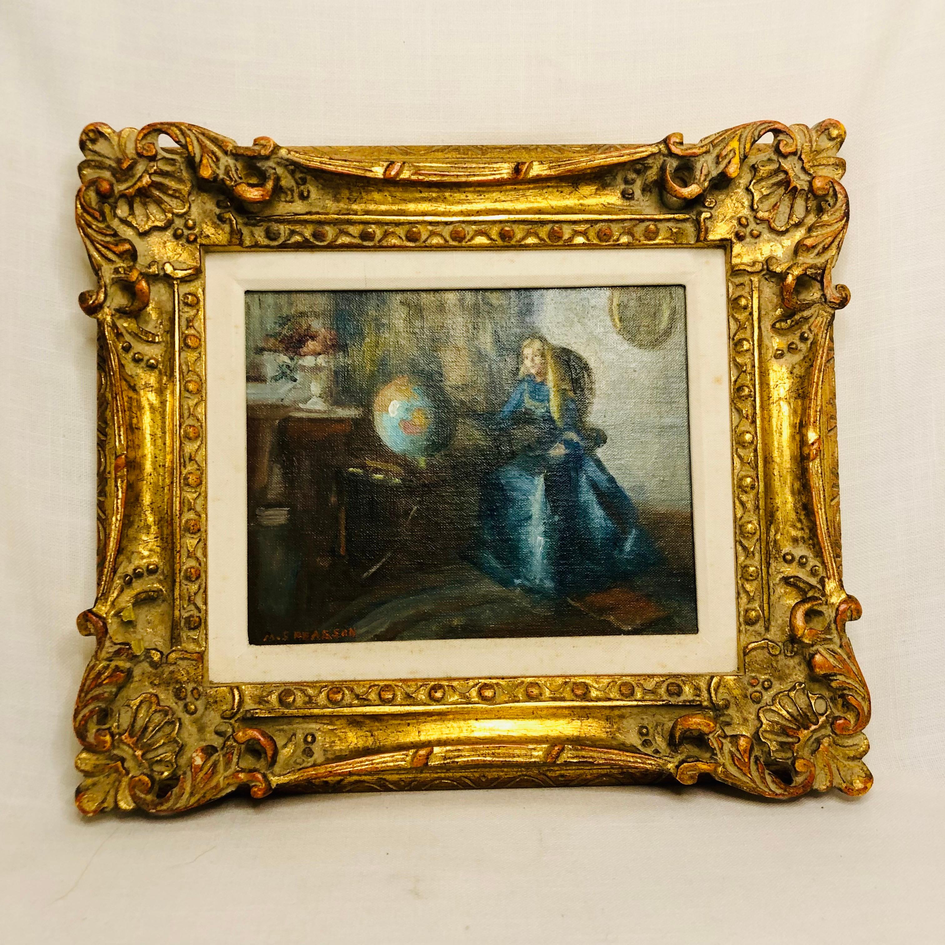 Américain Peinture à l'huile de Marguerite Stuber Pearson « Lady Sitting at a Table With a Globe »