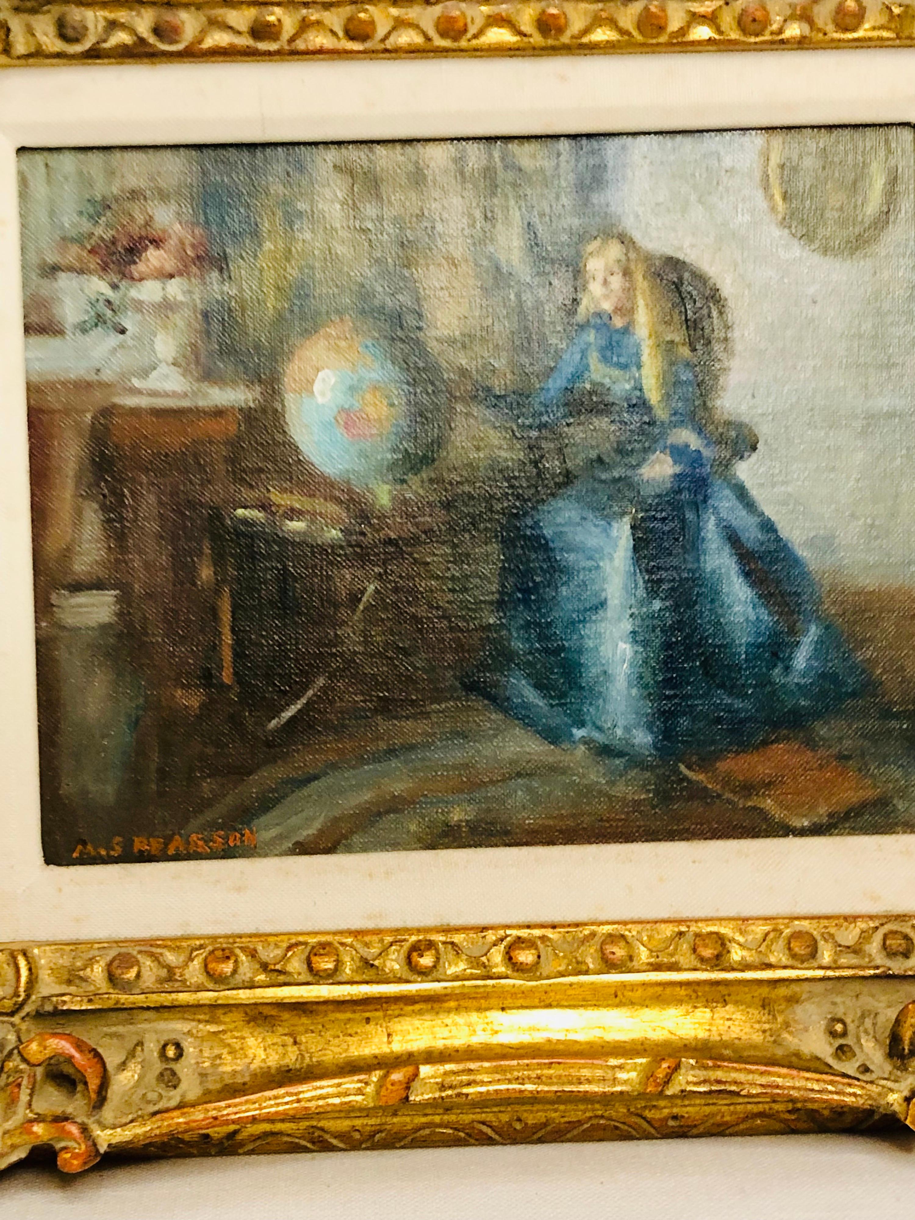Milieu du XXe siècle Peinture à l'huile de Marguerite Stuber Pearson « Lady Sitting at a Table With a Globe »