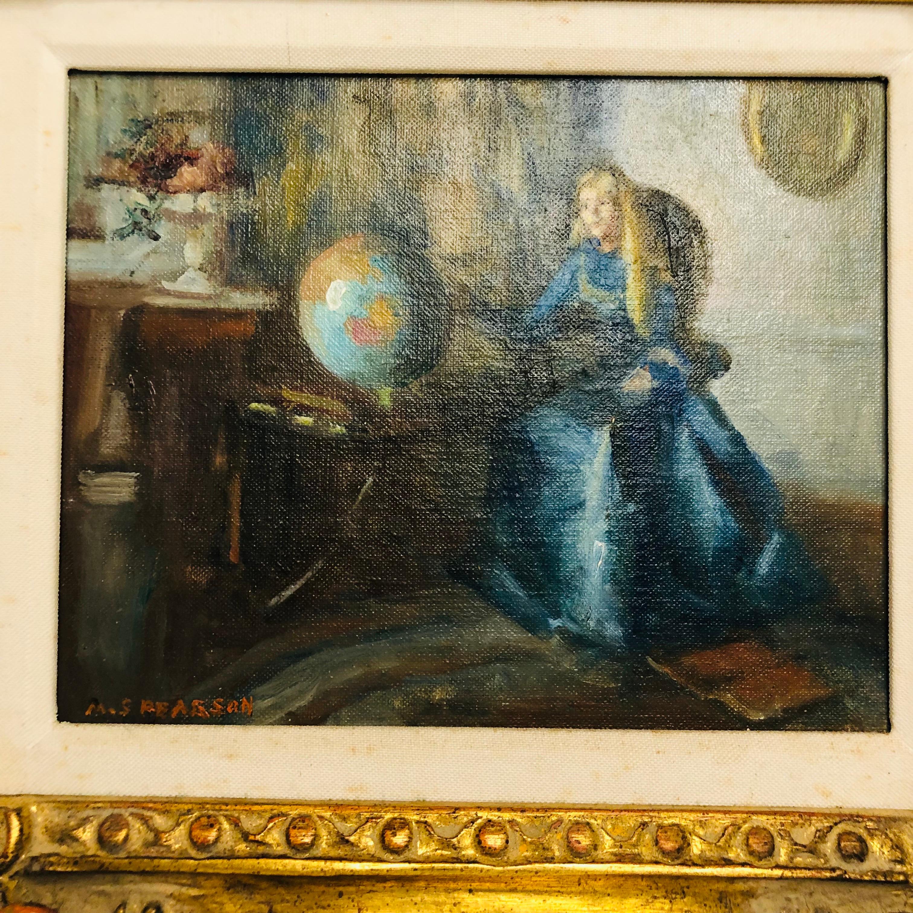 American Oil Painting by Marguerite Stuber Pearson 'Lady Sitting at a Table With a Globe'