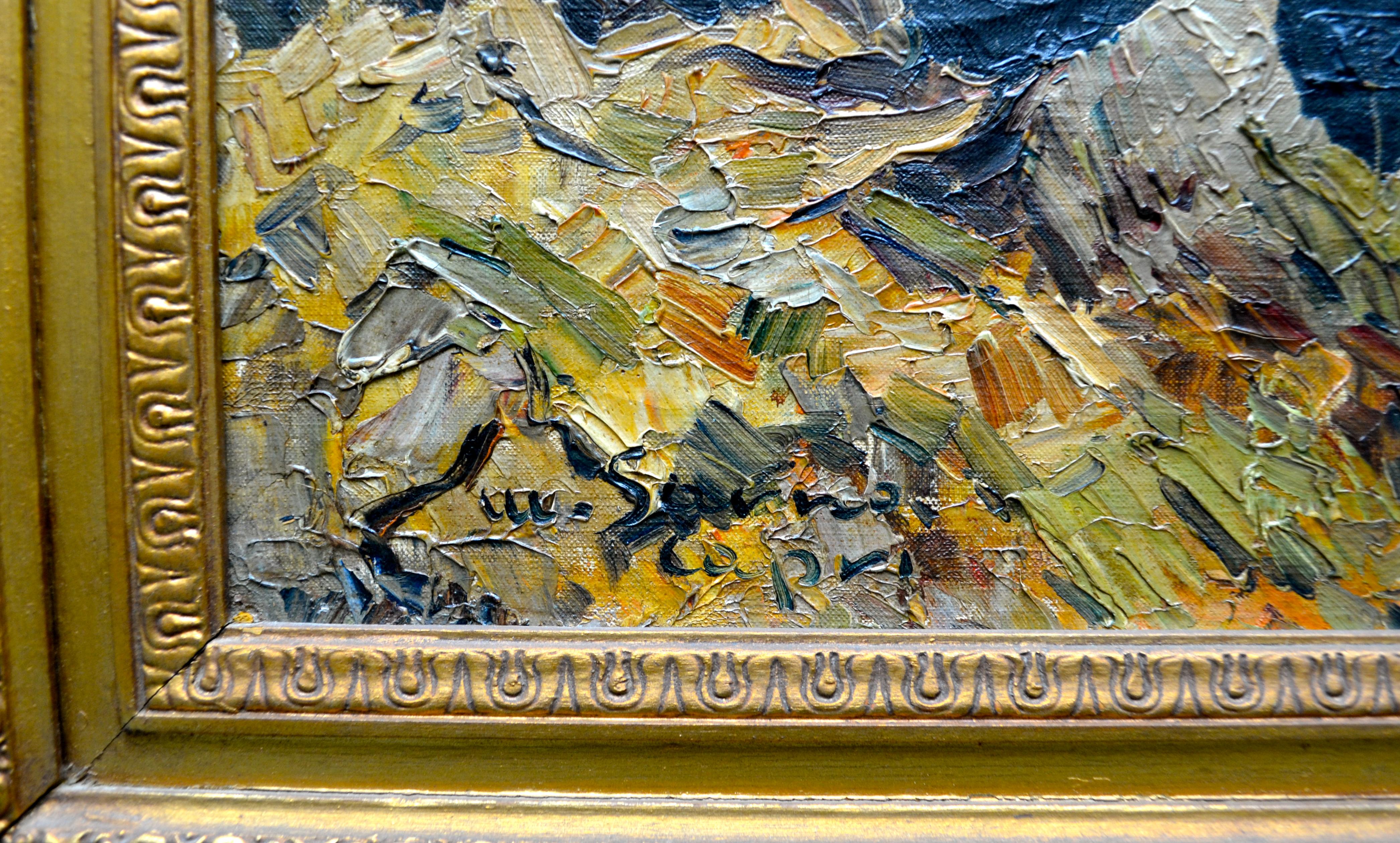 Peinture à l'huile du début du 20e siècle  de la côte de l'île de Capri, près de Naples, peinte dans le style impressionniste, montrant des falaises rocheuses et l'azur de la mer Méditerranée. Le tableau s'intitule 