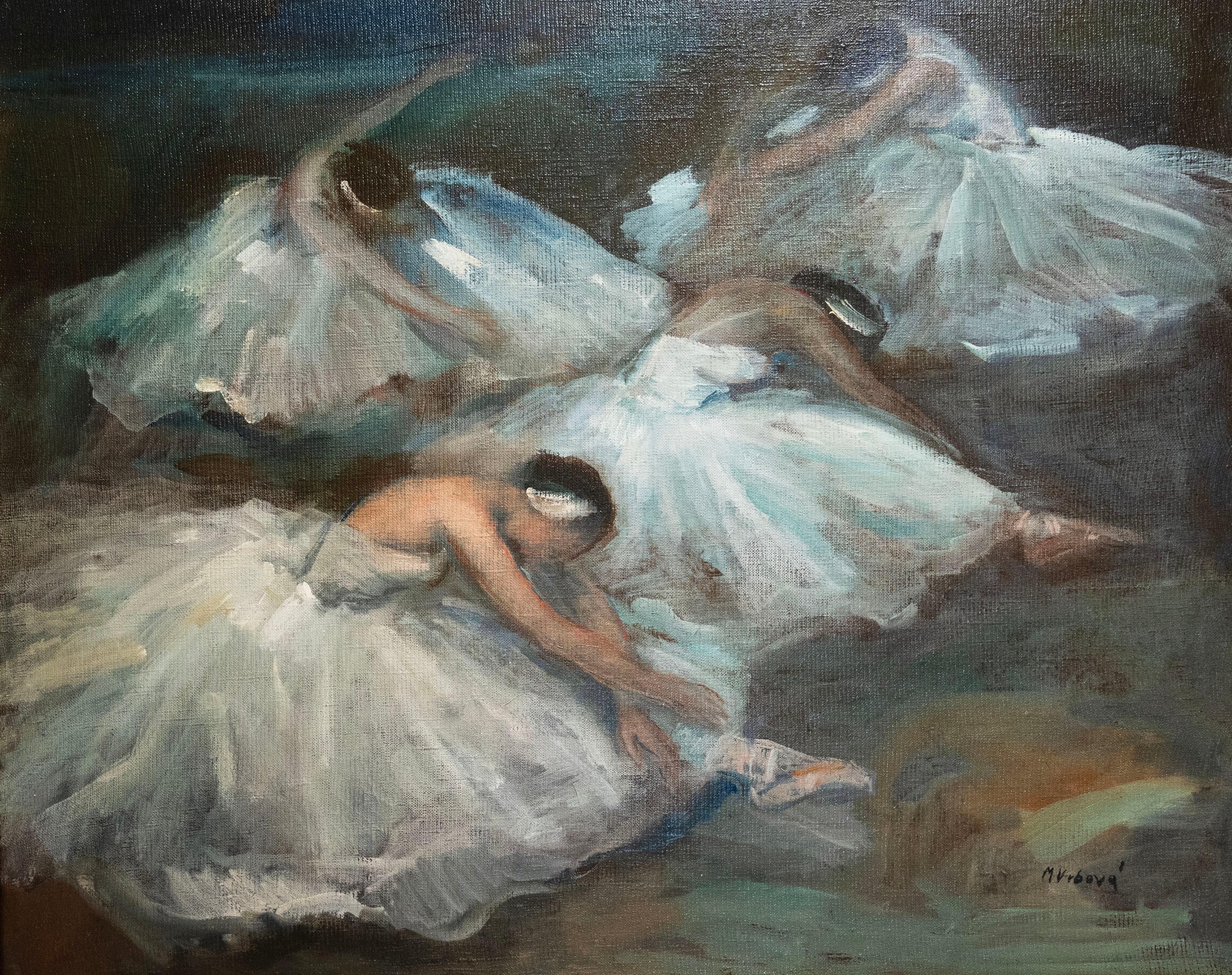 Swan Lake by Miloslava Vrbova, mid 20th Century.  Oil on Canvas.  This artist is famous for her impressionistic paintings of beautiful ballerinas.
Provenance:  Property of a European Estate
* Story of Swan Lake:  There is a reason Swan Lake has