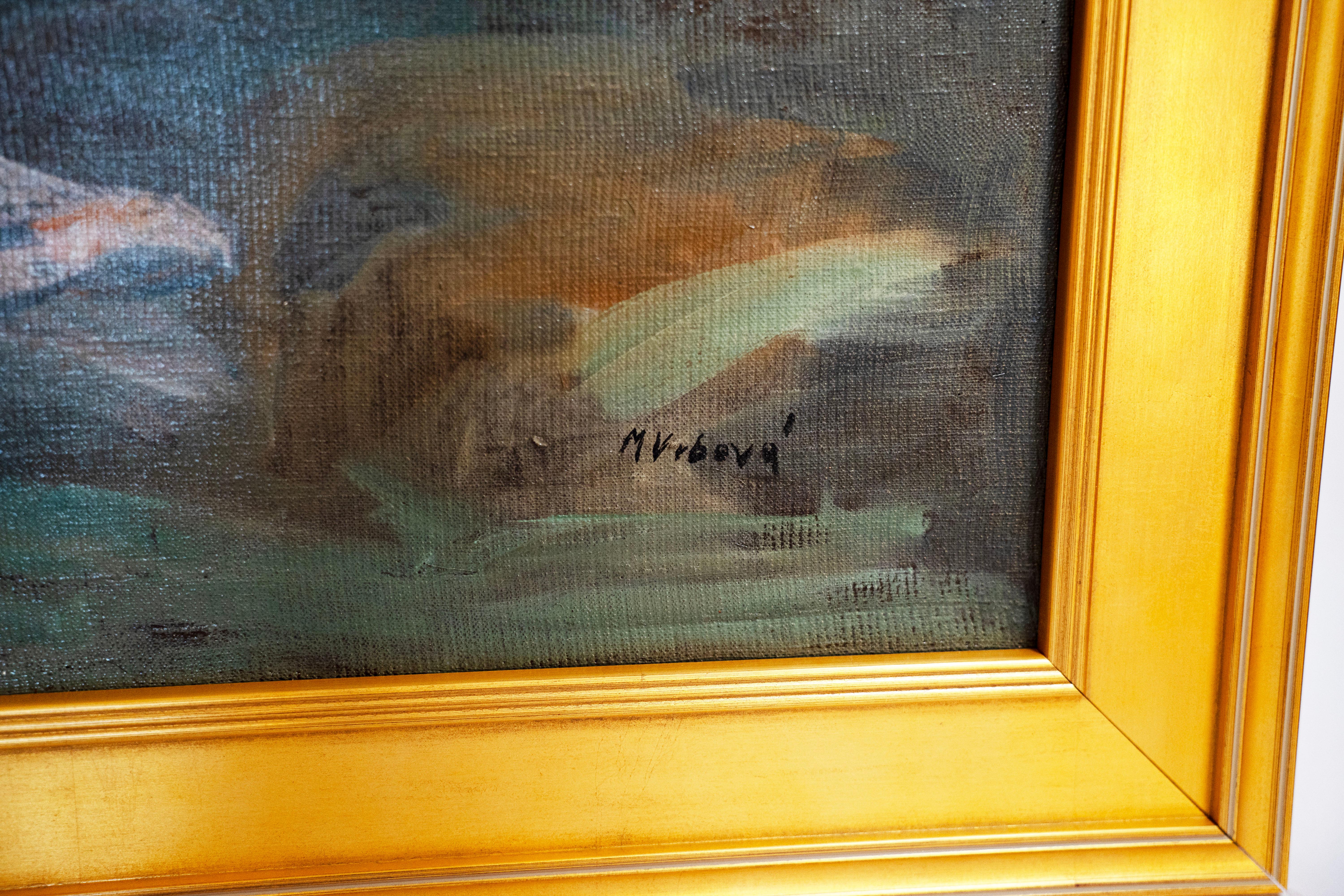 German Oil Painting by Miloslava Vrbova (b 1909-1991)  Swan Lake, Cir Mid 20th Century For Sale