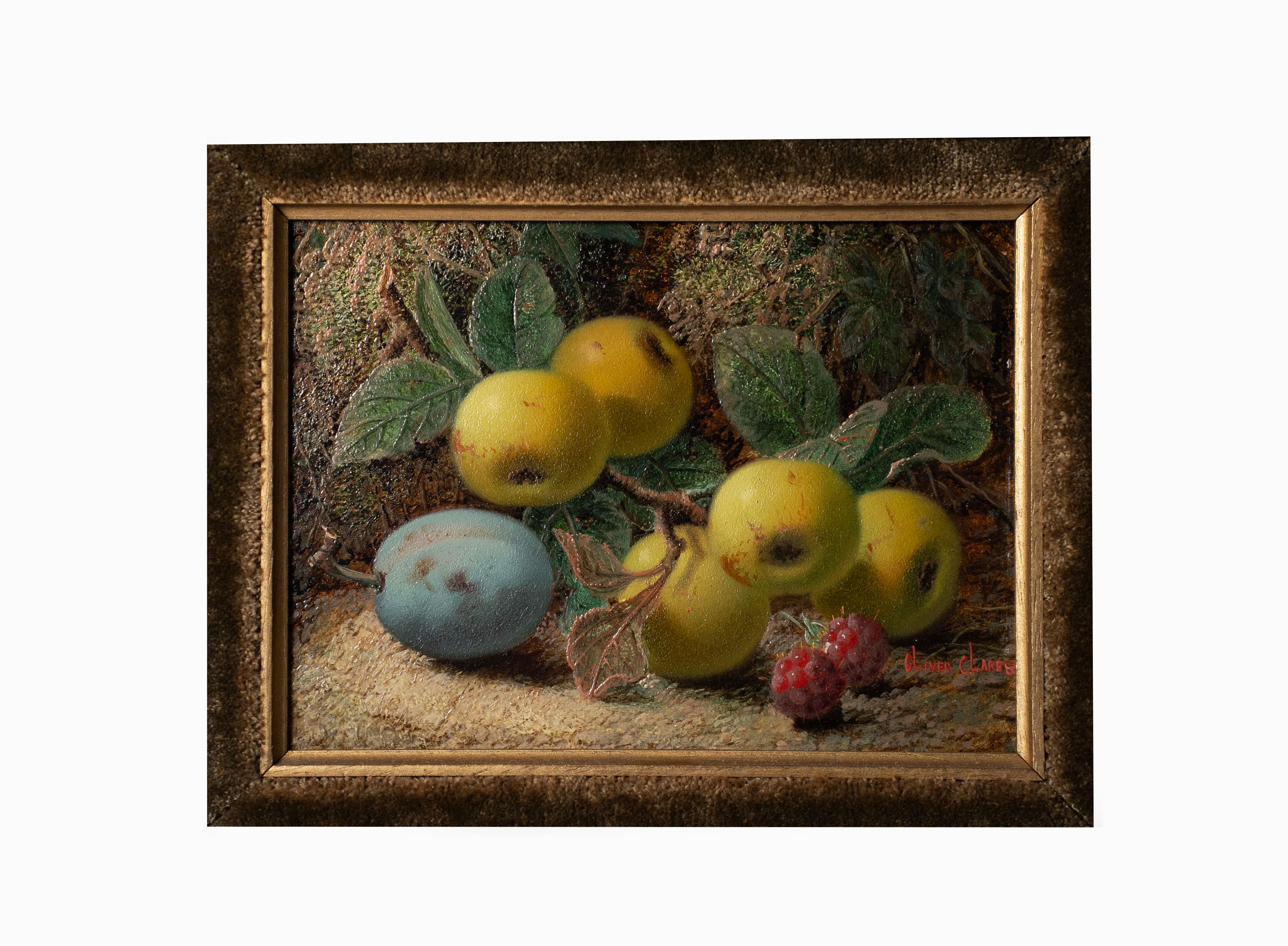 Pintura al óleo de Oliver Clare (1852-1927) Naturaleza muerta de fruta, circa siglo XIX.  Firmado abajo a la derecha.  El marco es original del cuadro.
Procedencia: Nacido en 1853, era hijo del bodegonista George Clare.  Los miembros de la familia