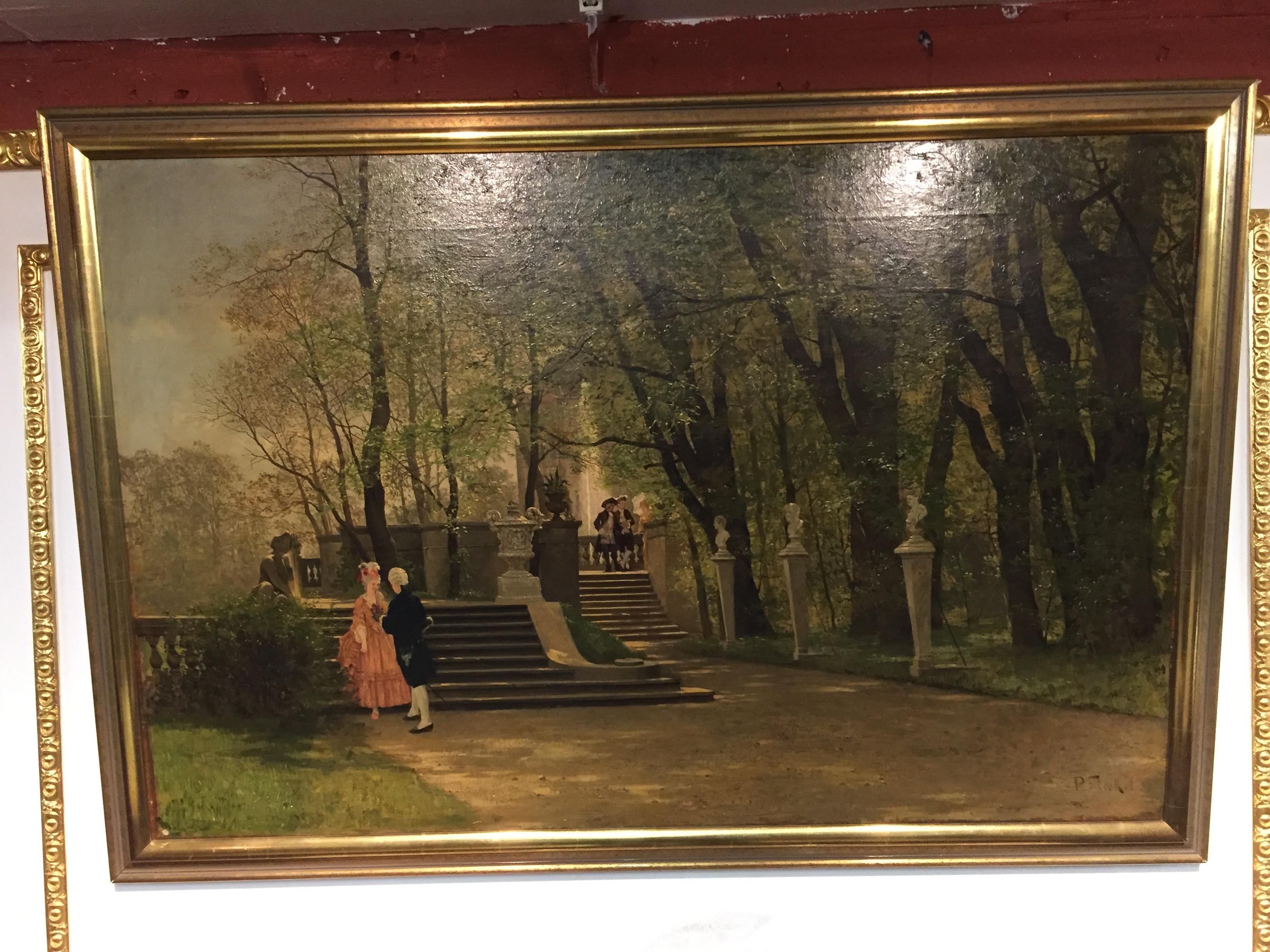 Oil painting by P. F. Flickel in the castle garden oil on canvas painted painting. Representation of an opposing, gallant Rococo pair in front of the stairs of the castle garden. Two well-heeled gentlemen are also watching in the background. Signed