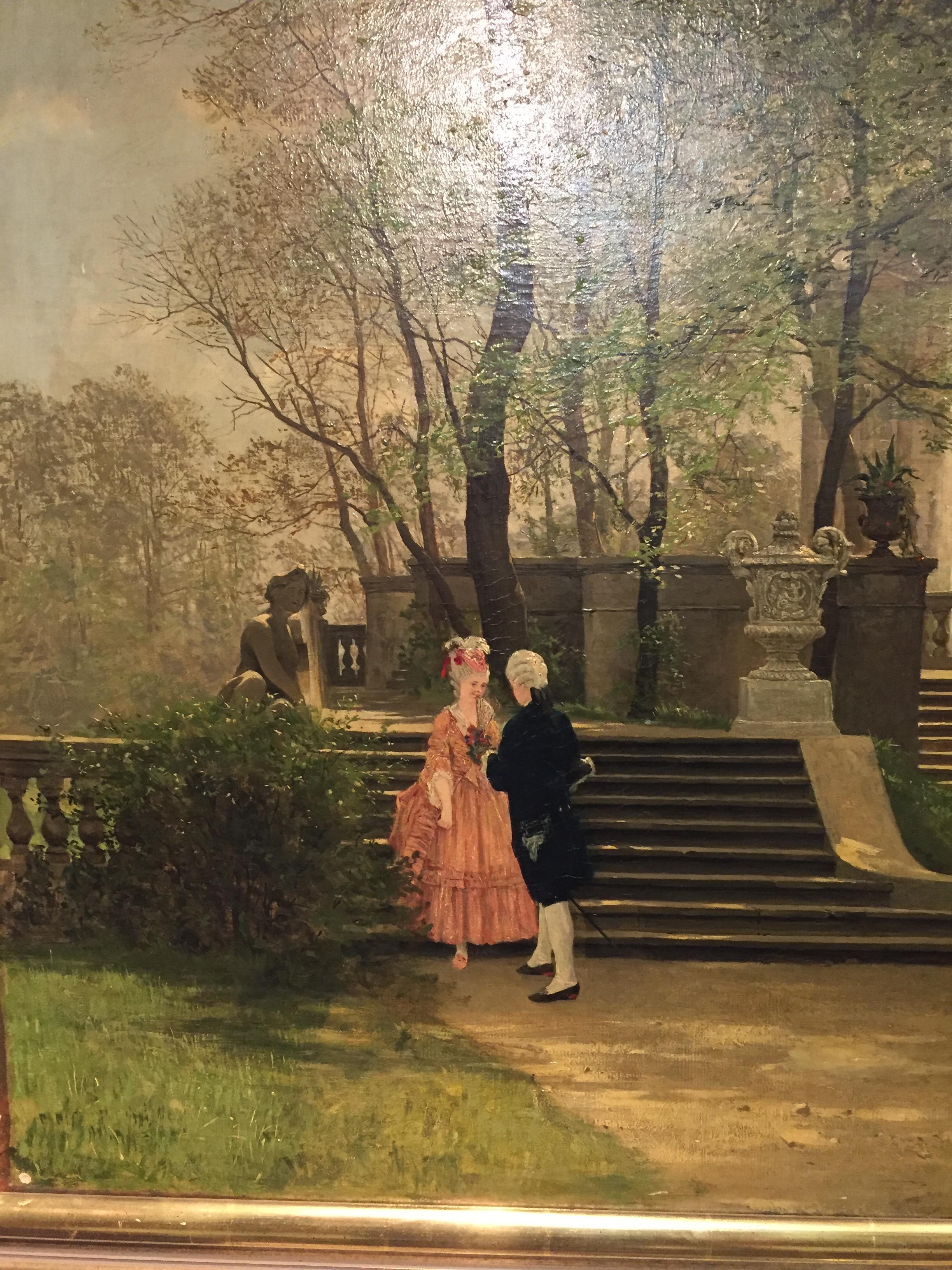 Oil Painting by P. F. Flickel in the Castle Garden In Good Condition In Berlin, DE