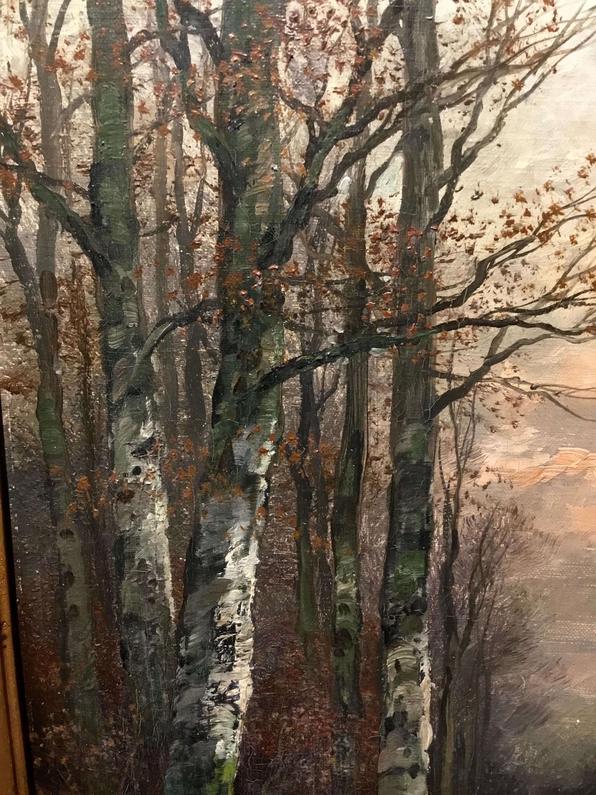 Oil Painting by R. Duval of Man in the Forest Presented in Gilt Carved Frame 2