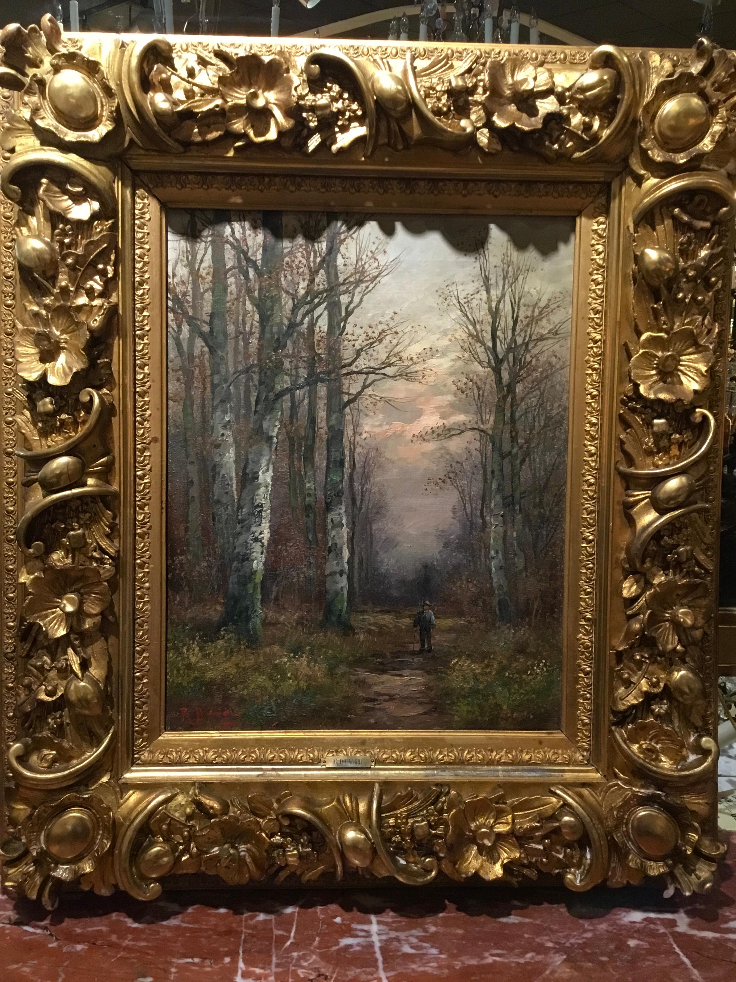 Oil on canvas of a figure of a man walking in the forest in the autumn, 19th century.
Tall trees with the look and feel of a fall day with a singular figure of
a man with a walking stick going down a dirt path. Yellow flowers are
in the