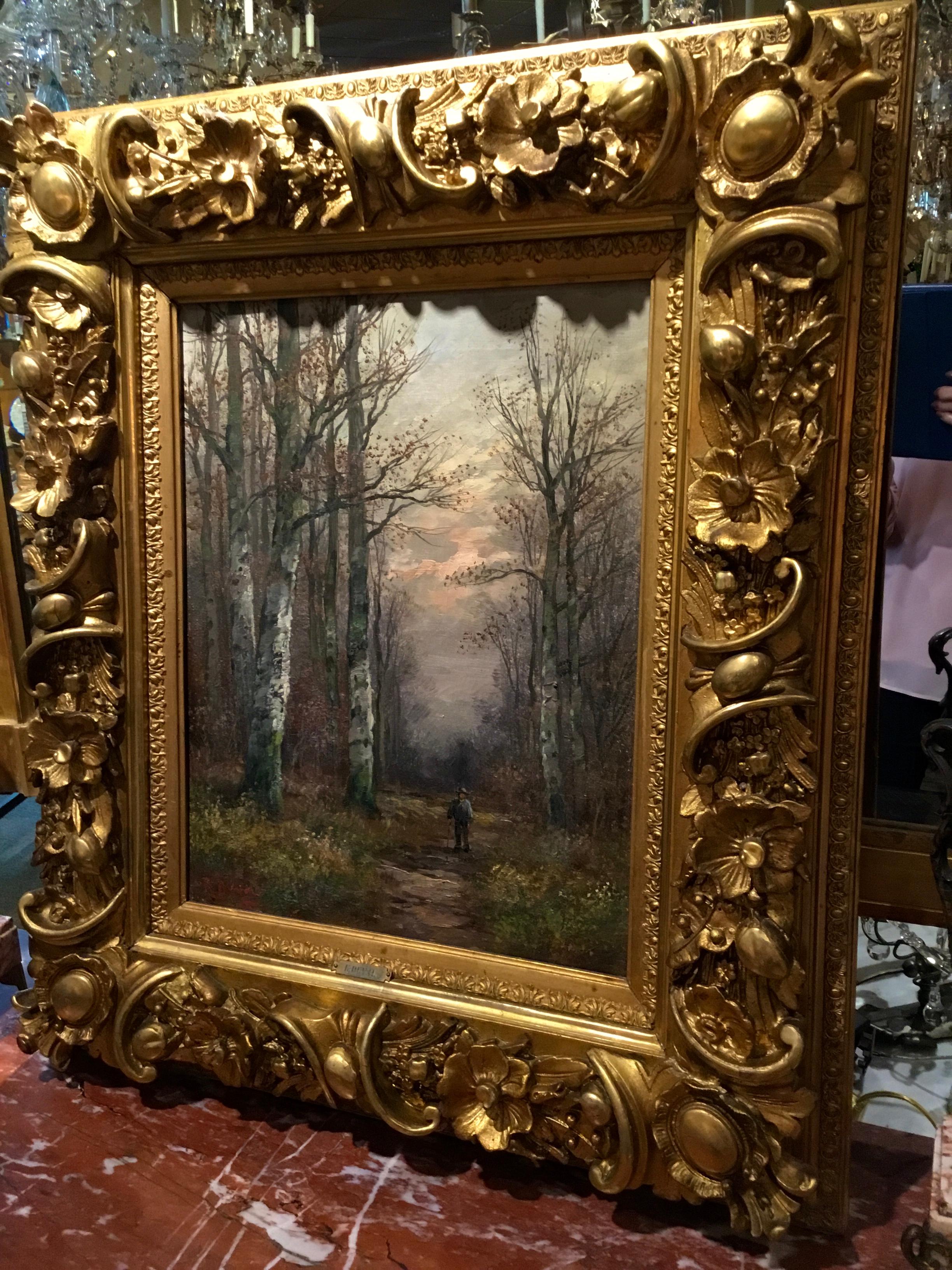 Hand-Painted Oil Painting by R. Duval of Man in the Forest Presented in Gilt Carved Frame
