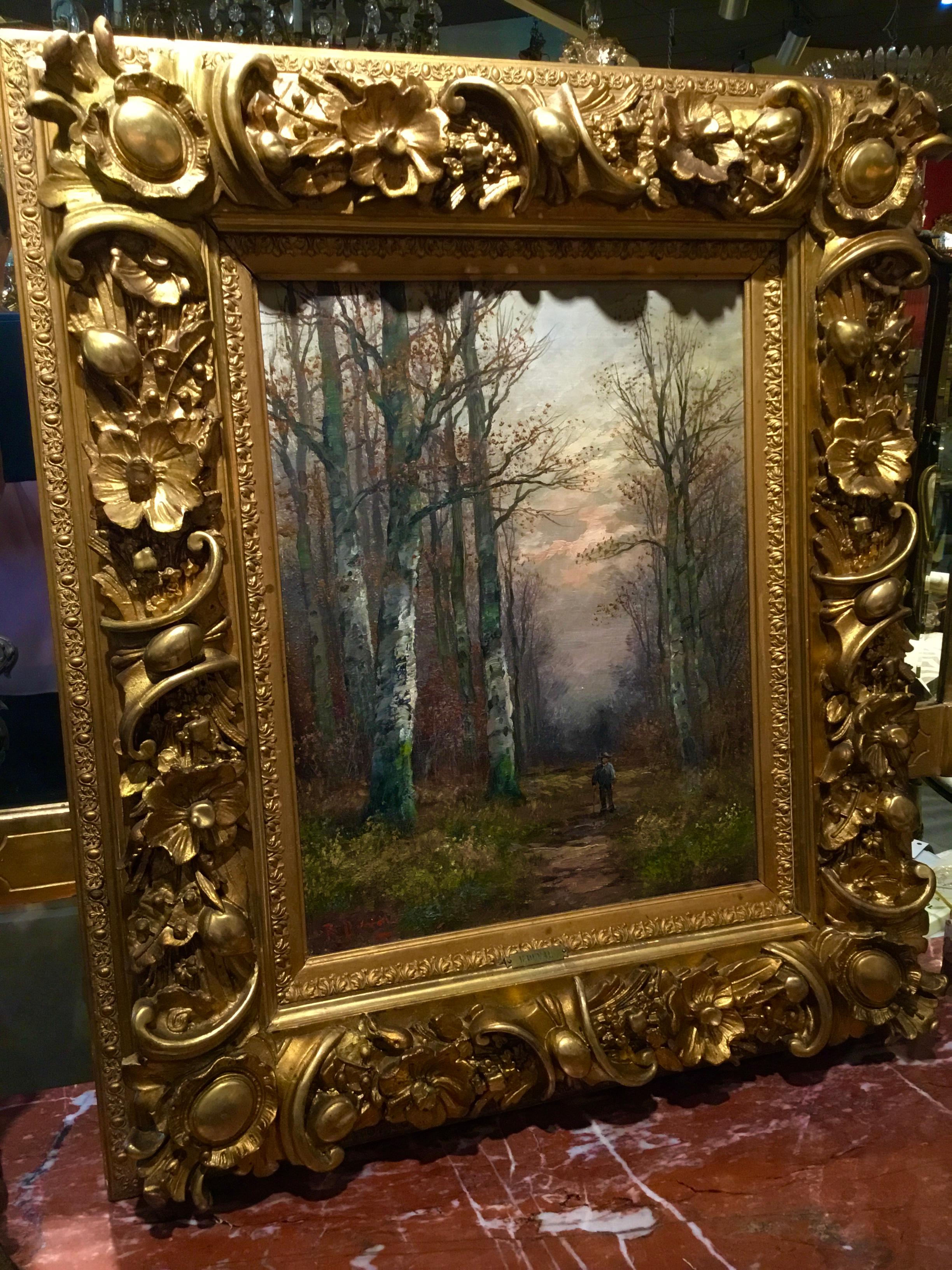 Oil Painting by R. Duval of Man in the Forest Presented in Gilt Carved Frame In Good Condition In Houston, TX