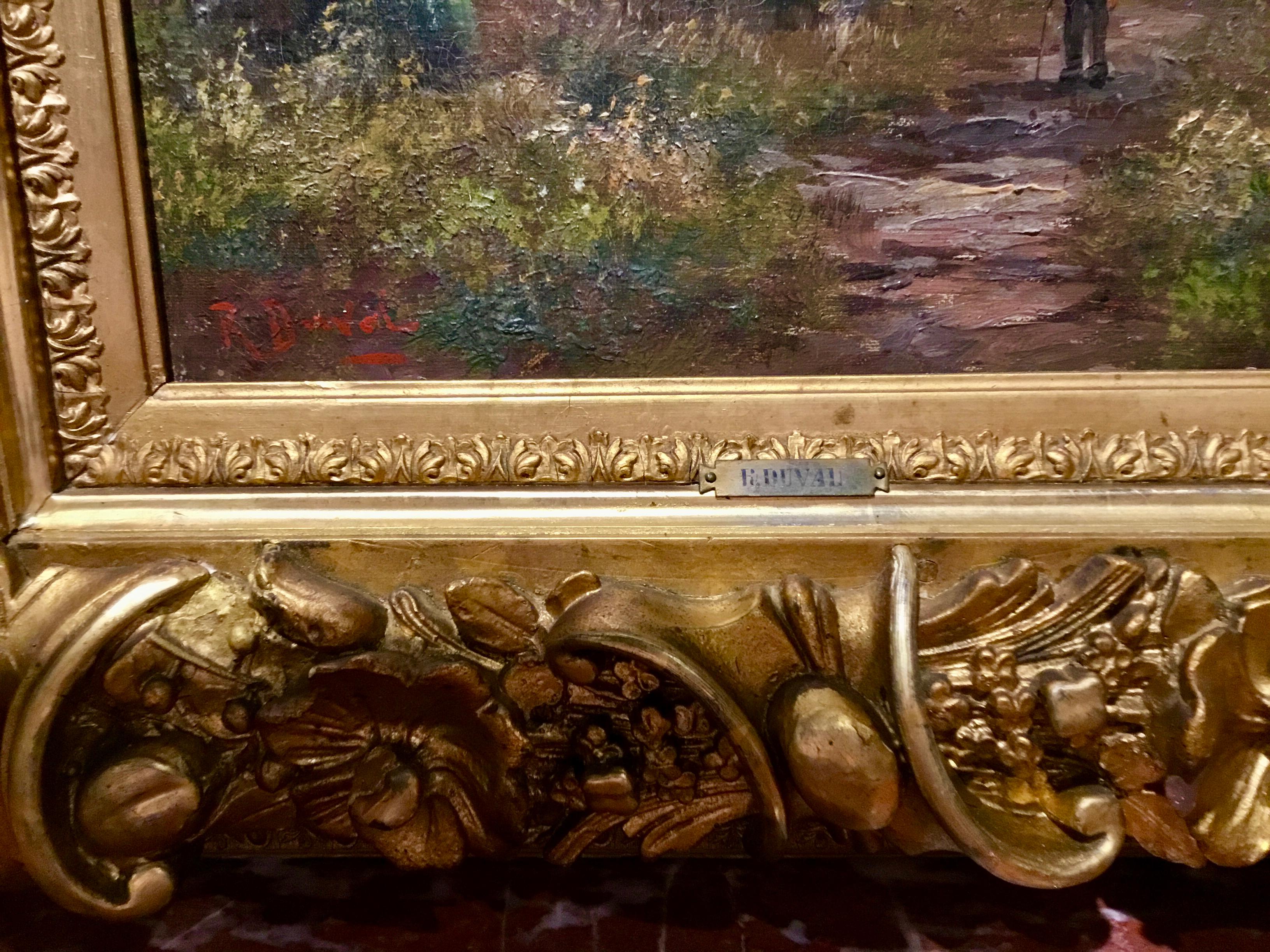 19th Century Oil Painting by R. Duval of Man in the Forest Presented in Gilt Carved Frame