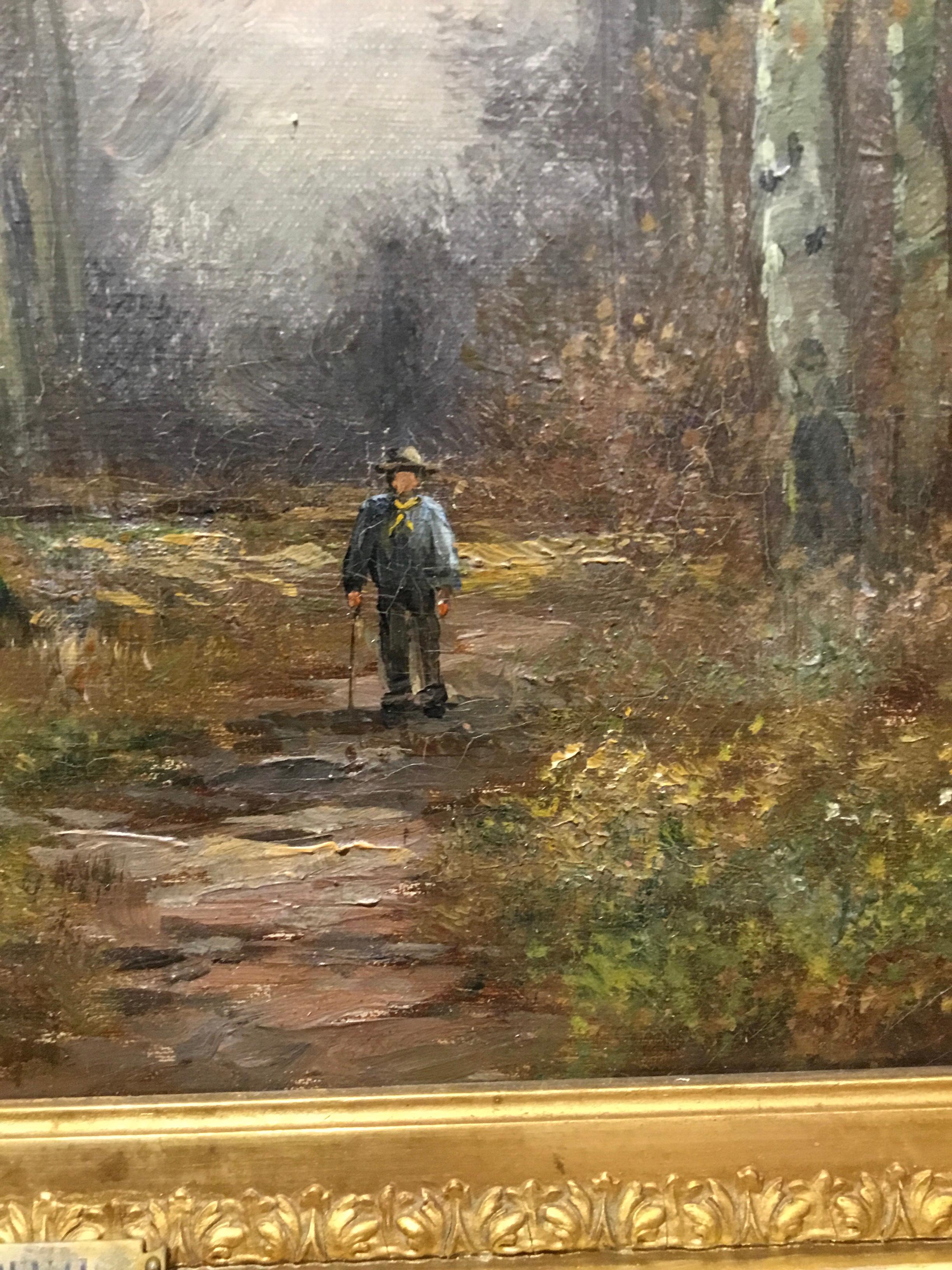 Oil Painting by R. Duval of Man in the Forest Presented in Gilt Carved Frame 1