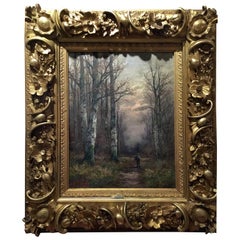 Oil Painting by R. Duval of Man in the Forest Presented in Gilt Carved Frame