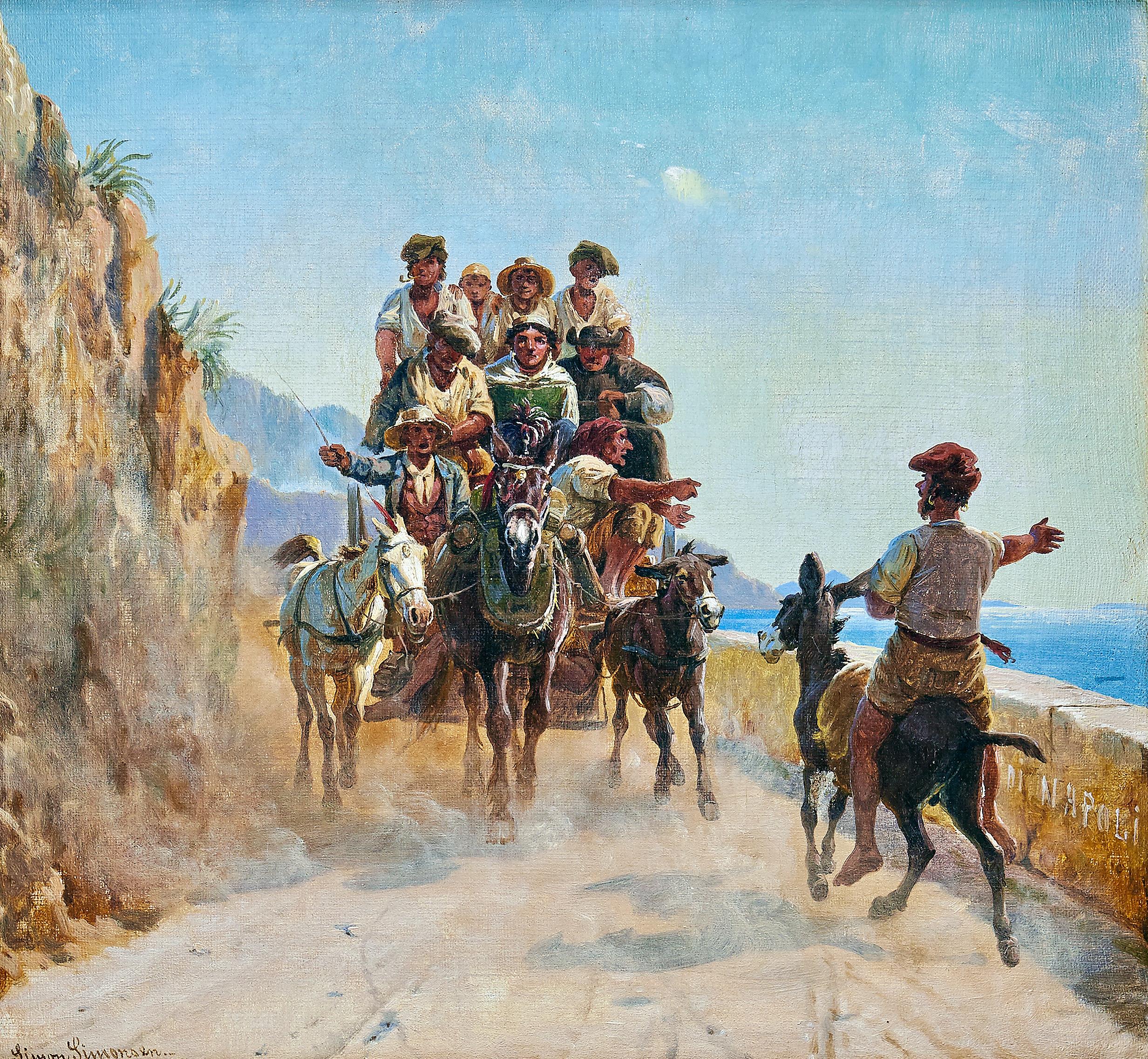 A fine painting by Simon Simonsen (1841-1928) of a scenic view from the Bay of Naples with villagers on a wagon riding on a coastal road. Signed. Oil on canvas. The canvas mounted in a period giltwood frame.

Simon Ludwig Detlev Simonsen was born