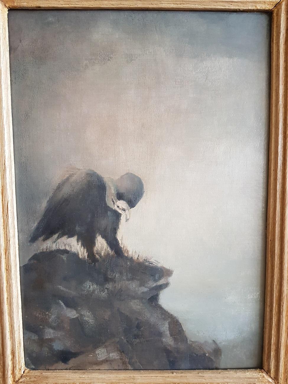 Oil painting on panel by an unknown artist depicting a Vulture on rock and on a grey and cloudy day, on the back of the frame an unclear name or title, coming from the second half of the 20th century.

The measurements are incl. frame,
Depth 4.5