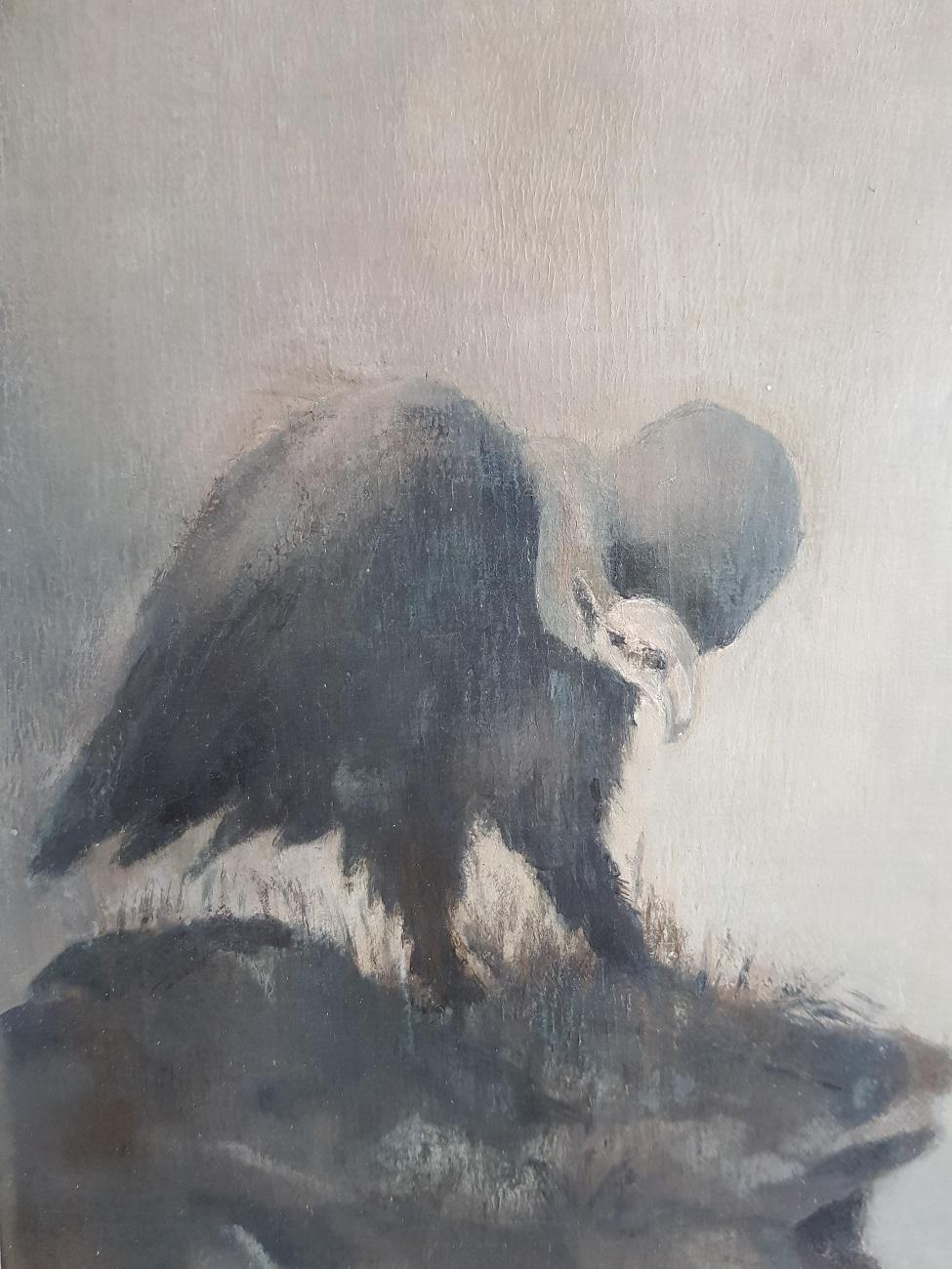 Hand-Painted Oil Painting by Unknown Artist, Depicting a Vulture Standing on a Rock