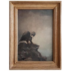 Oil Painting by Unknown Artist, Depicting a Vulture Standing on a Rock