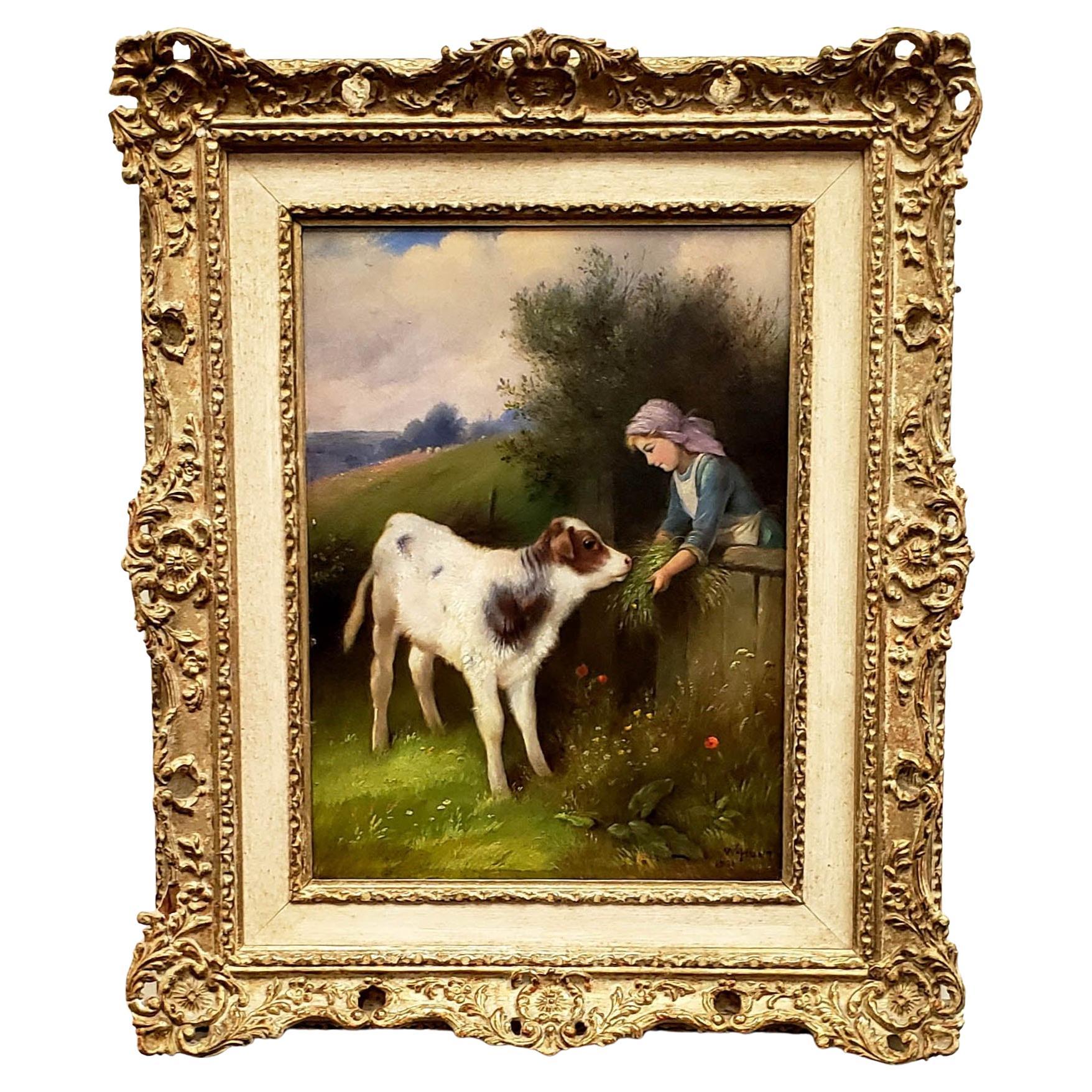Oil Painting by Walter Hunt "Girl Feeding Calf in Meadow"  1931 For Sale