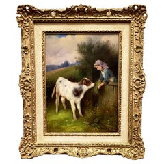 Oil Painting by Walter Hunt "Girl Feeding Calf in Meadow"  1931
