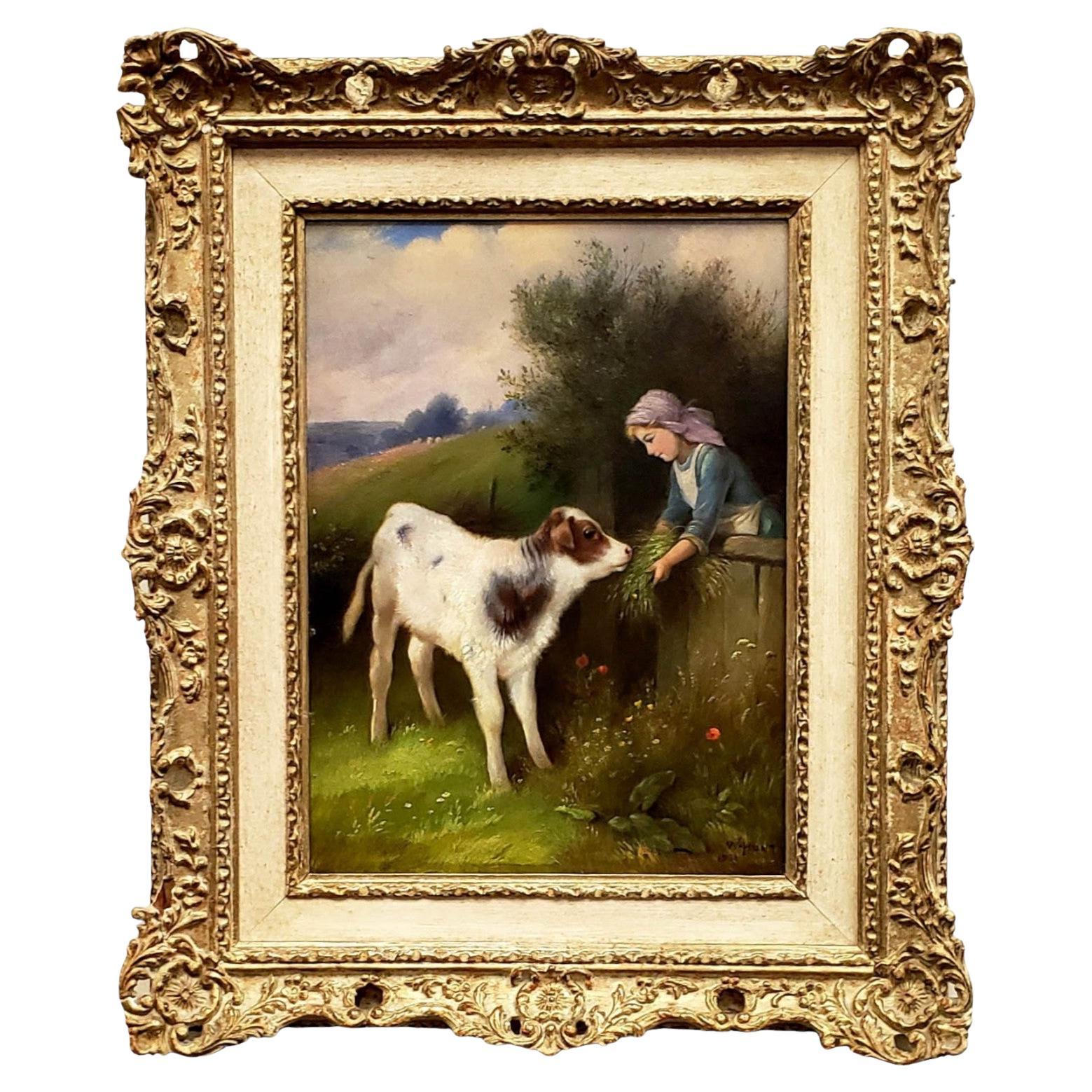 Oil Painting by Walter Hunt "Girl Feeding Calf in Meadow"  1931