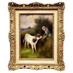 Oil Painting by Walter Hunt "Girl Feeding Calf in Meadow"  1931