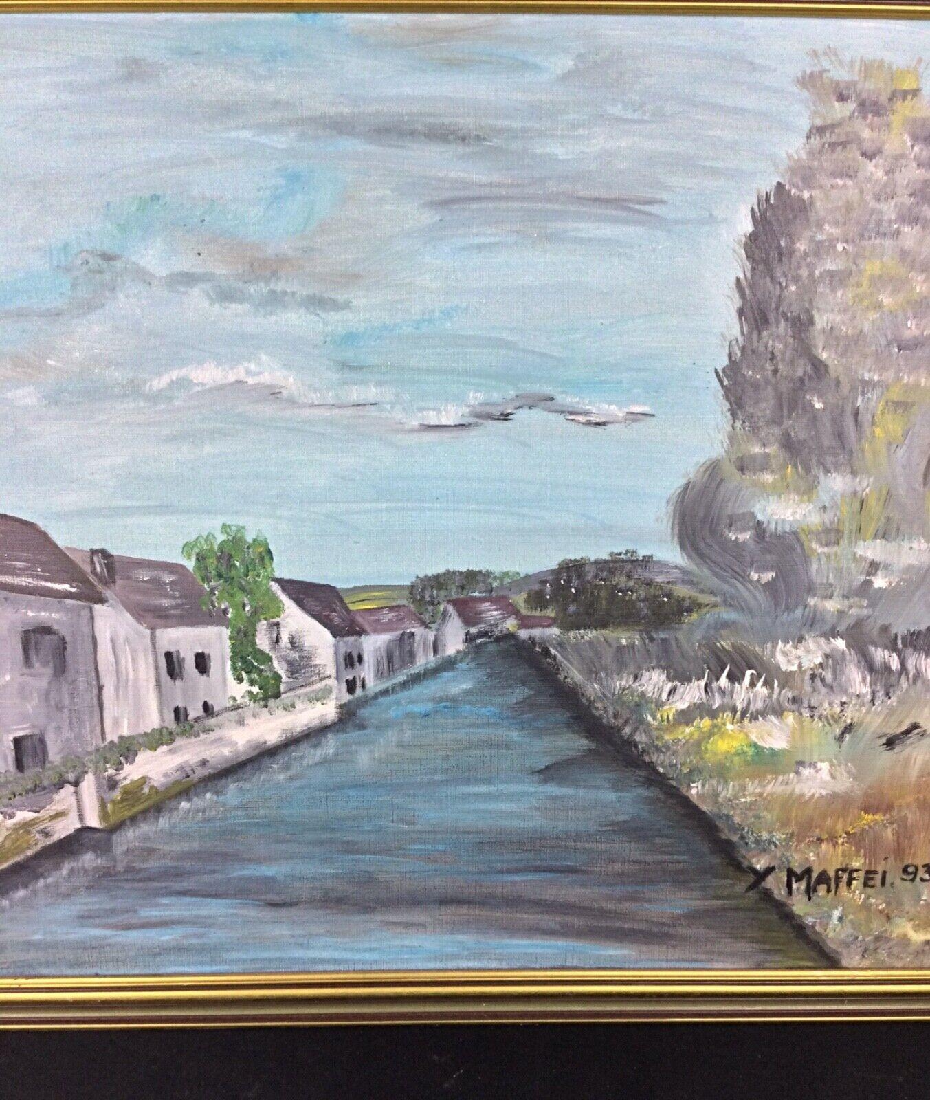 Pittura a olio di Y. Maffei - Piccola città con scena di fiume - 2Y90 In condizioni buone in vendita a Bordeaux, FR