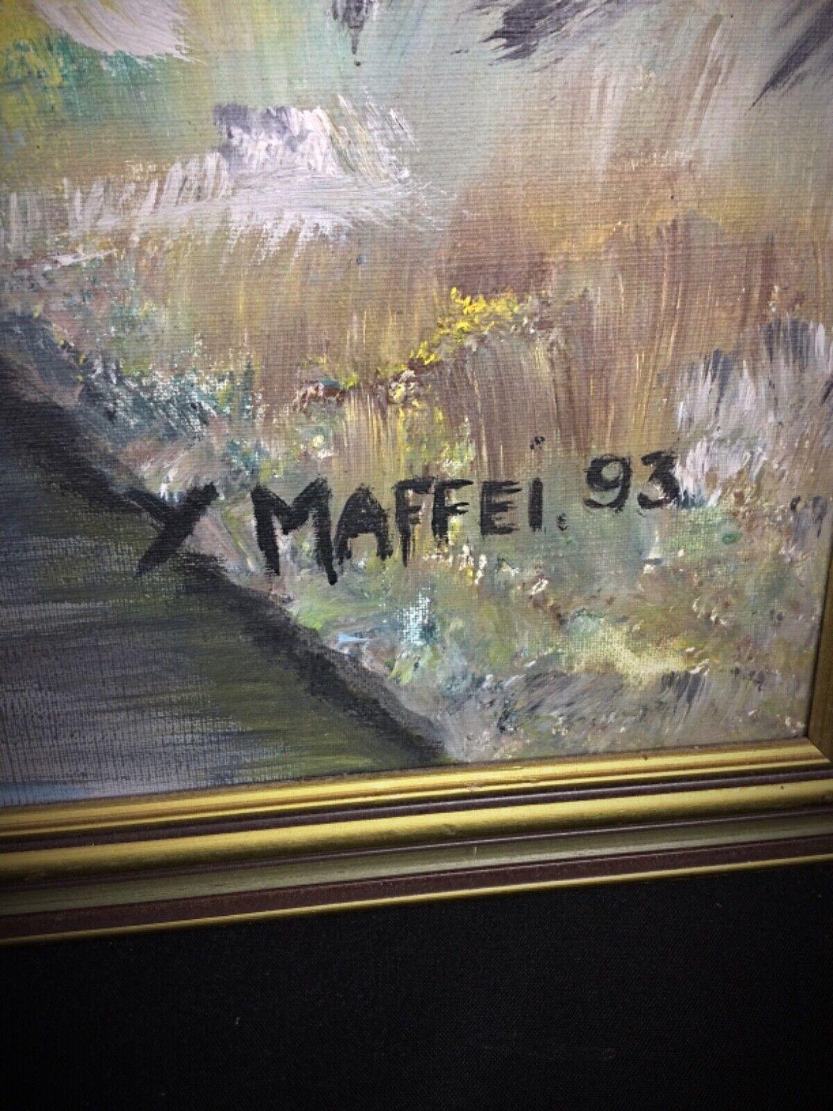 XX secolo Pittura a olio di Y. Maffei - Piccola città con scena di fiume - 2Y90 in vendita