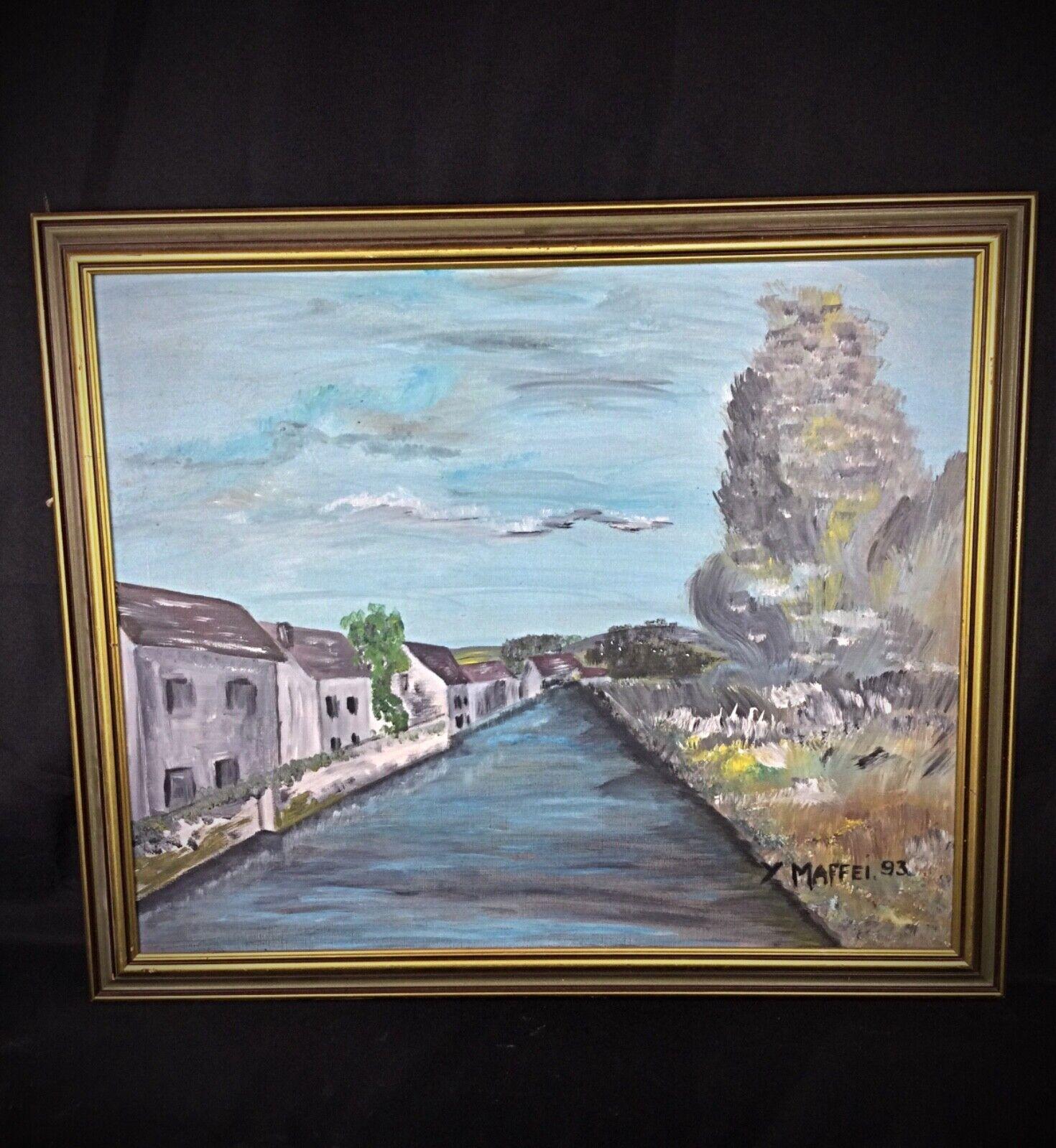 Pittura a olio di Y. Maffei - Piccola città con scena di fiume - 2Y90 in vendita 1