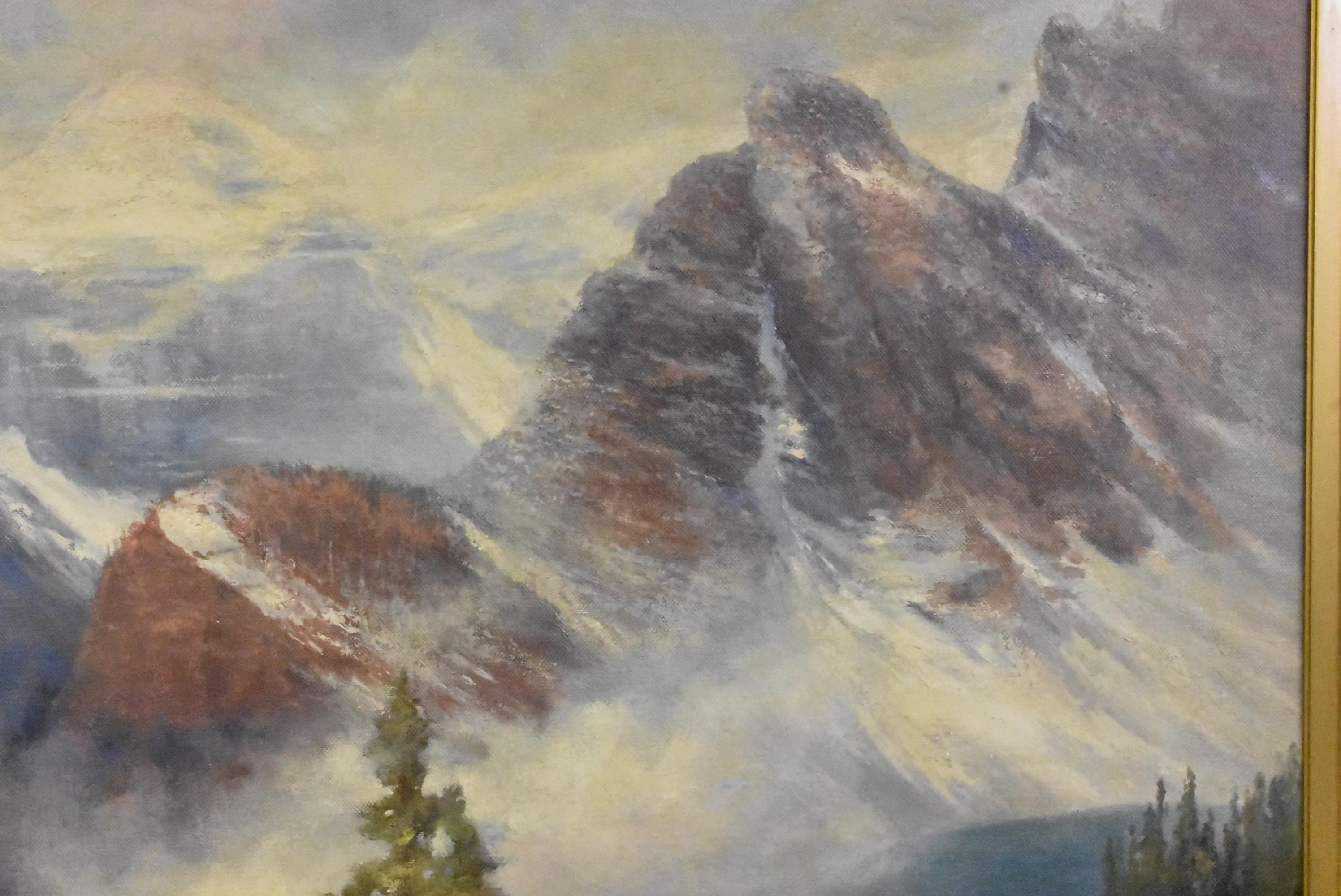 Large oil painting on canvas of a Canadian snow covered mountain scene by Alice Blair Thomas, 1913. Signed lower left. Very good condition. Image measures 35.50