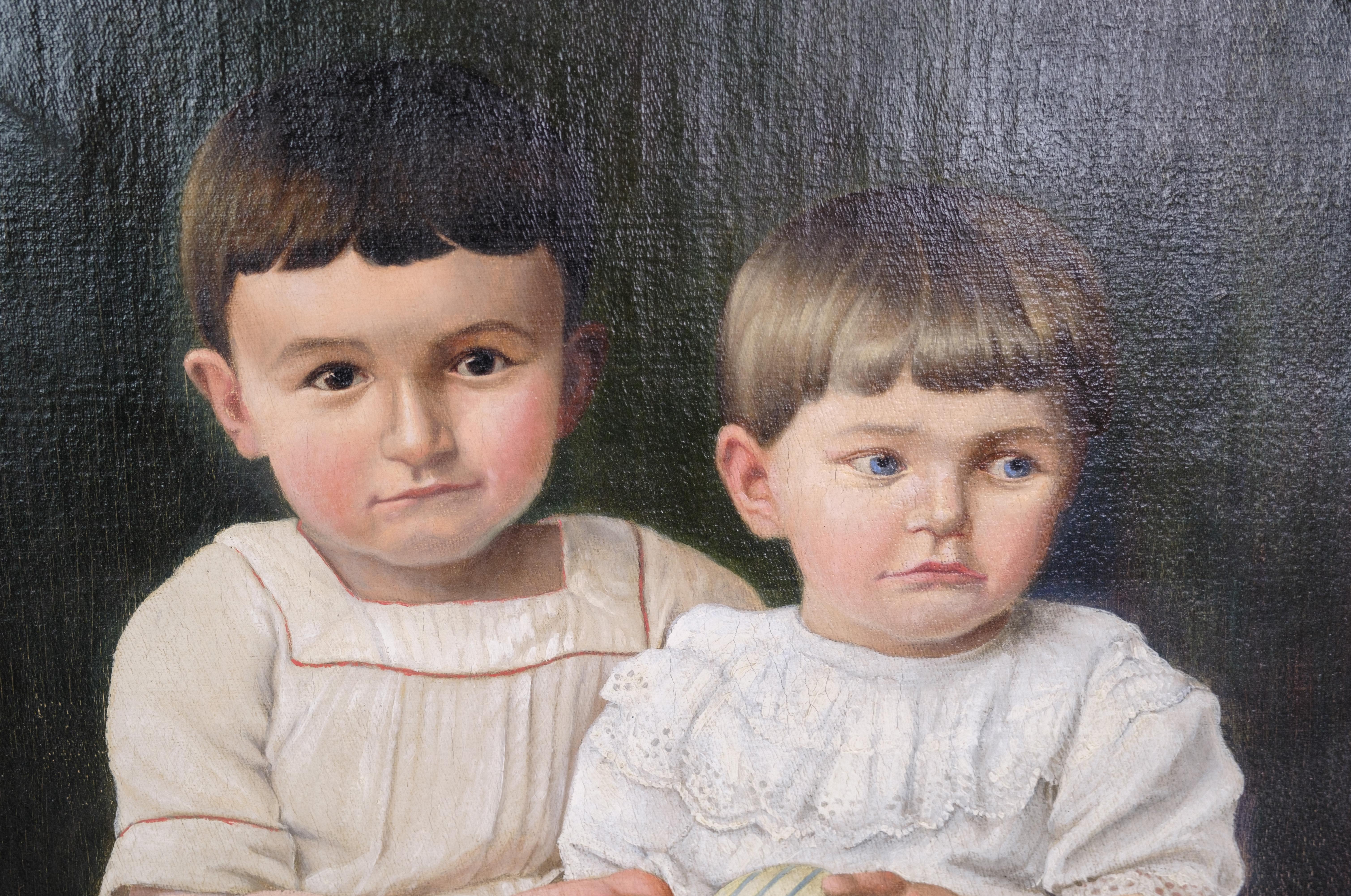 Other Oil Painting, Canvas, Motif of Two Children, 1860s For Sale