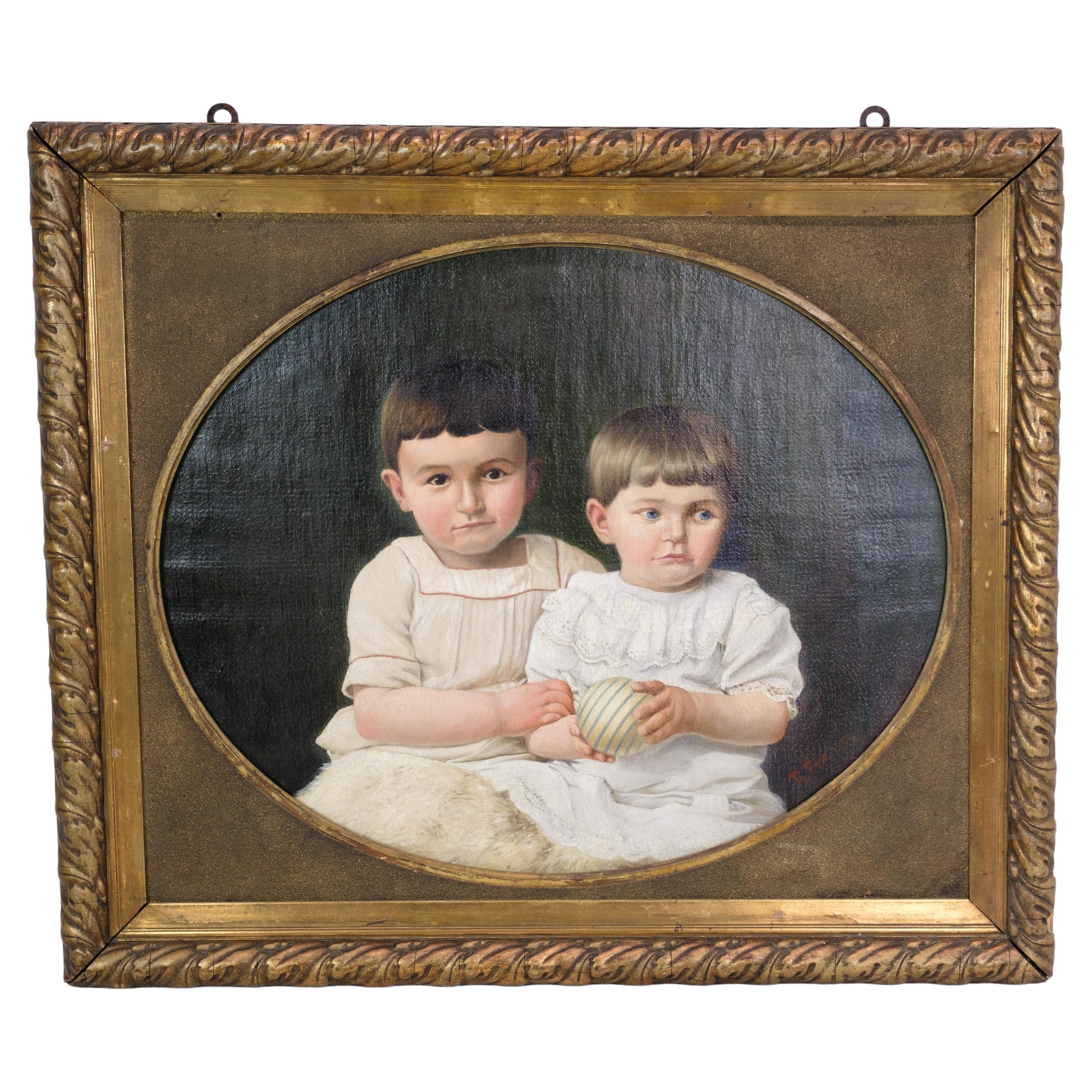 Peinture à l'huile sur toile avec motif de deux enfants des années 1860