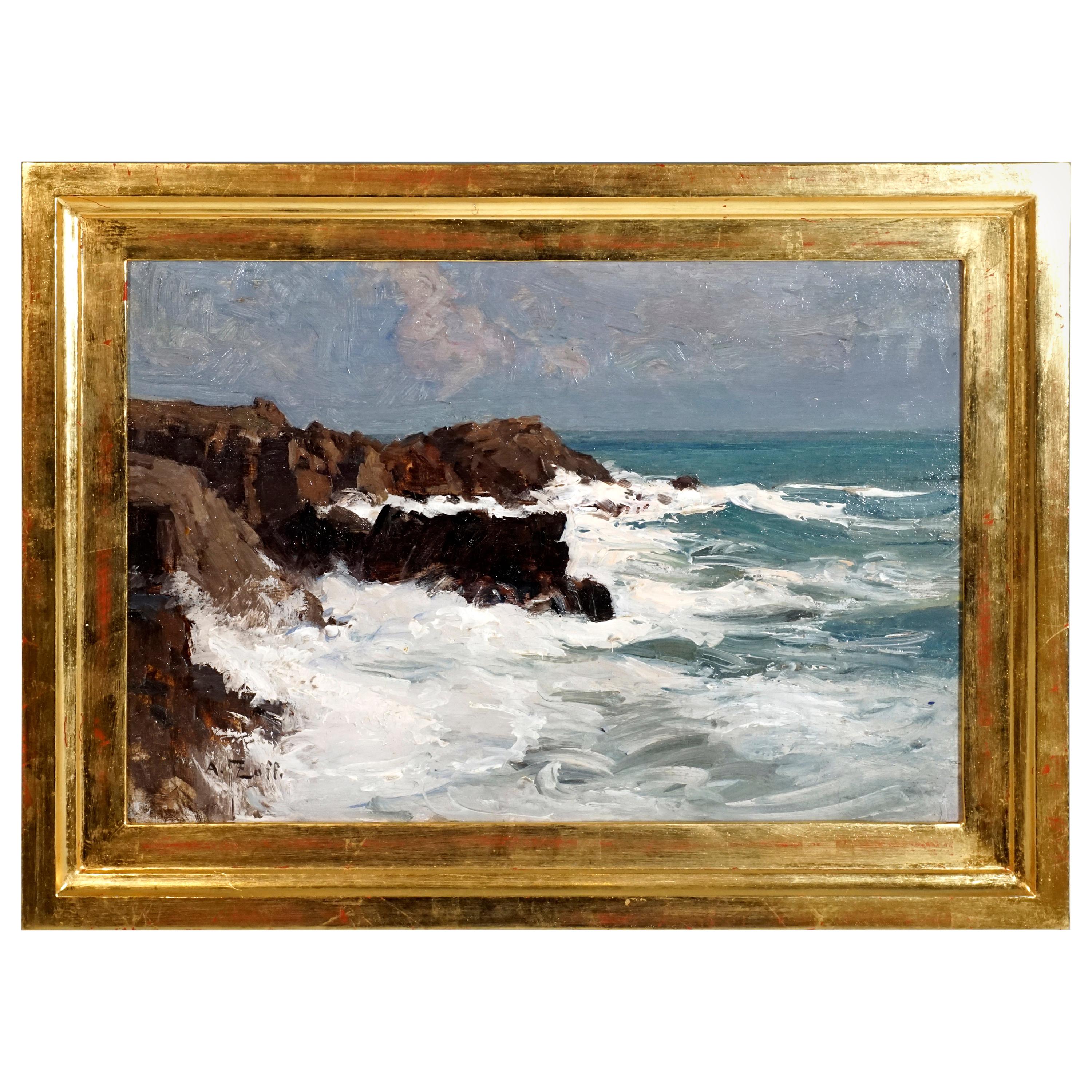 Oil Painting, Coastal Landscape by Alfred Zoff, Austria, Around 1900