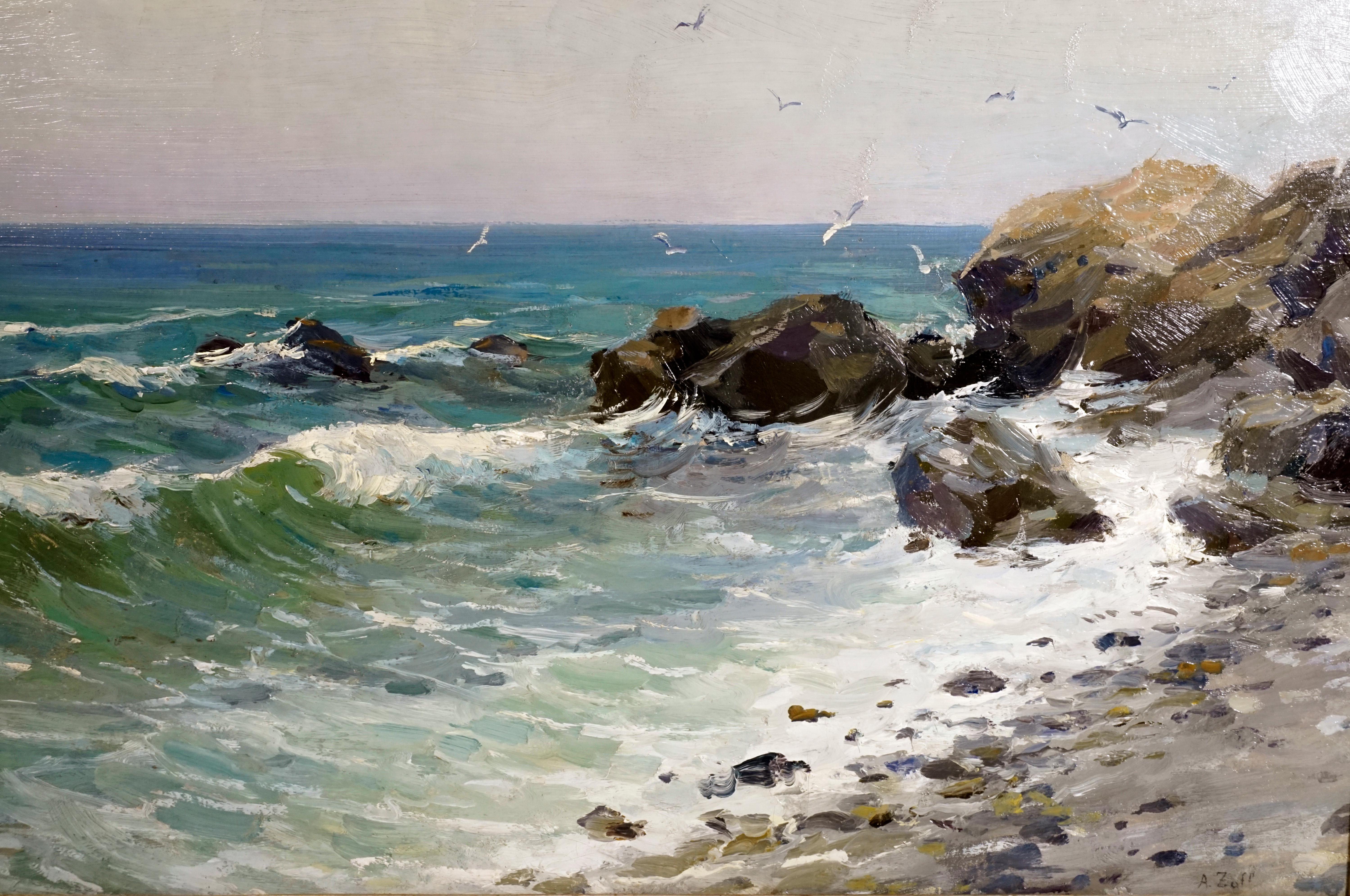 Alfred Zoff, (1852-1927)
'Coastal Landscape With Seagulls'
oil on cardboard
Measures: Painting: 38.0 x 57.0 cm / 14.96 x 22.44 in
Frame: 52.5 x 71.0 cm / 20.66 x 27.95 in

impressionist style, circa 1900

Signature: 'A. Zoff', right corner