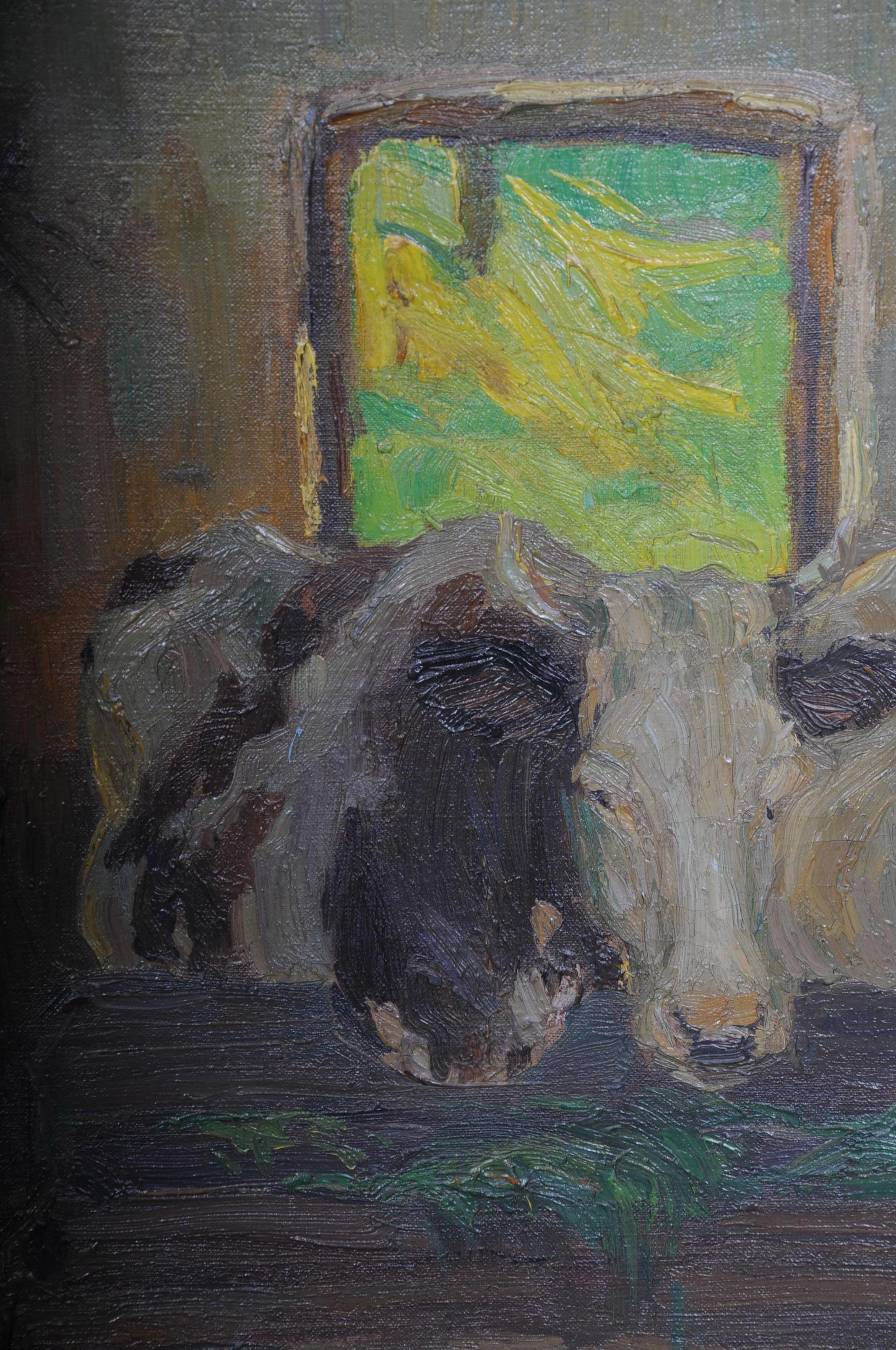 Oil Painting Cows in the Stall Sign Felix Eisengräber, 1920 For Sale 1