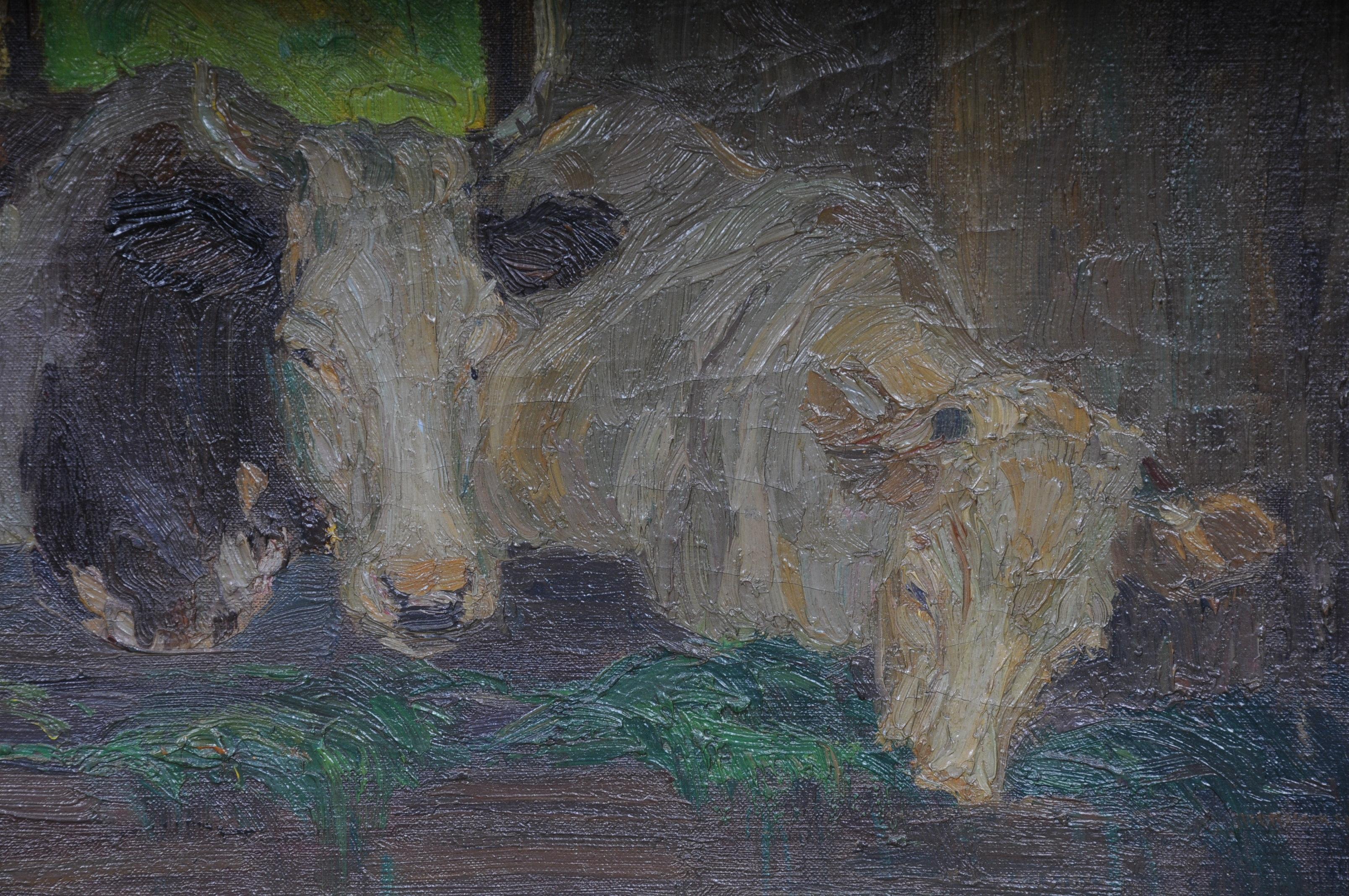 Oil Painting Cows in the Stall Sign Felix Eisengräber, 1920 For Sale 3