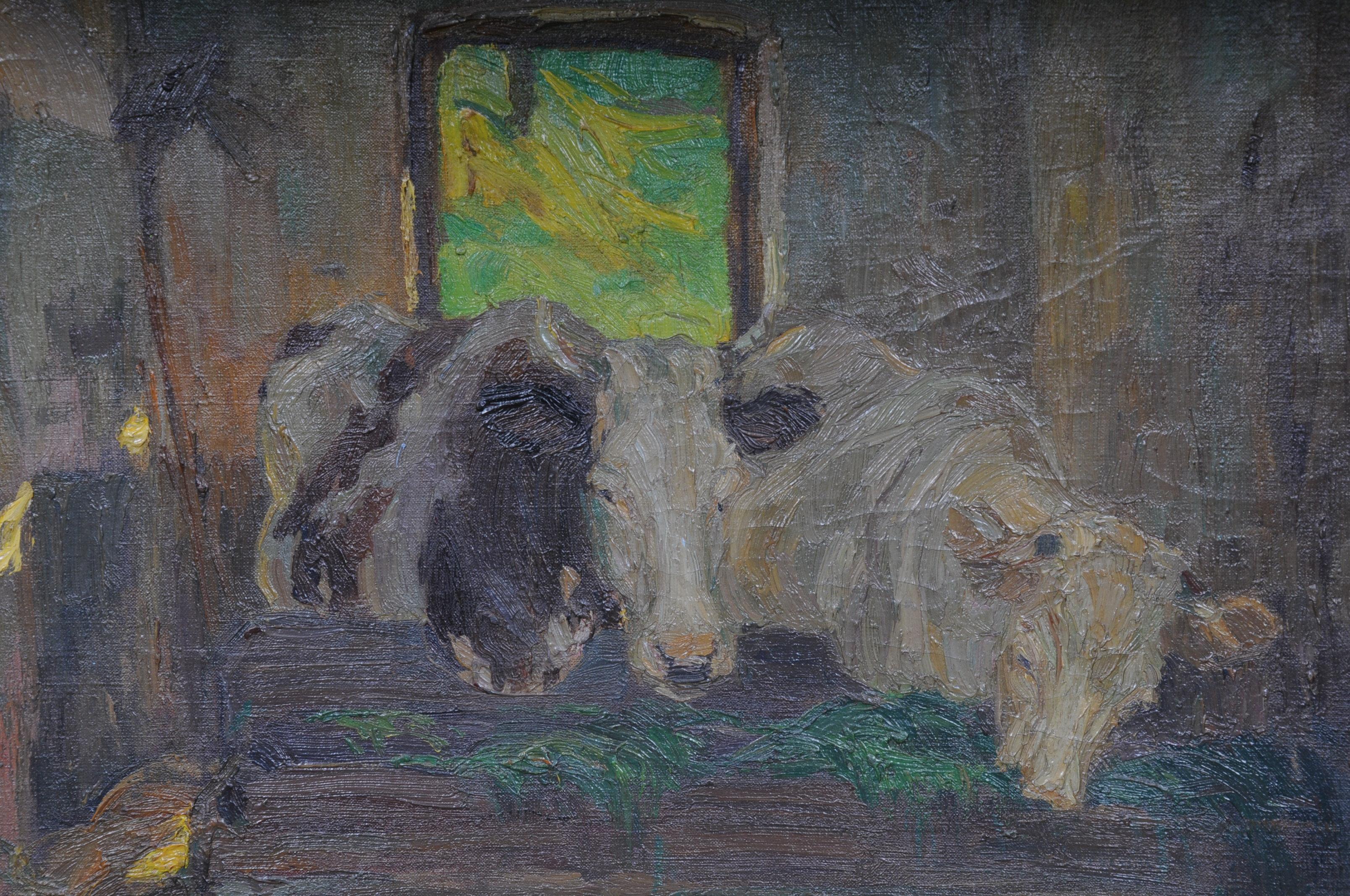 Oil Painting Cows in the Stall Sign Felix Eisengräber, 1920 For Sale 4